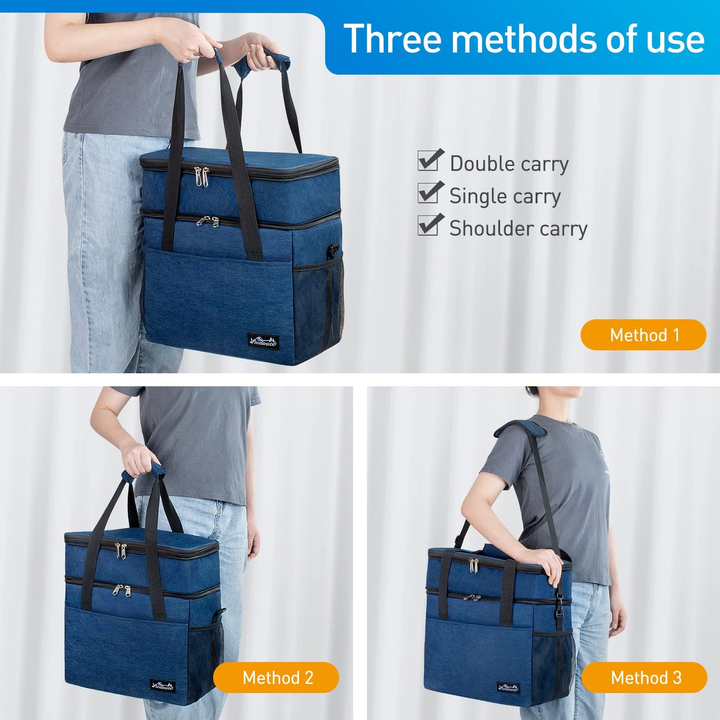 Viedouce cooler bag, expandable insulated picnic bag for men and women, double compartments waterproof leakproof lunch bag with shoulder strap beer opener for outdoor camping travel (blue, 30L)