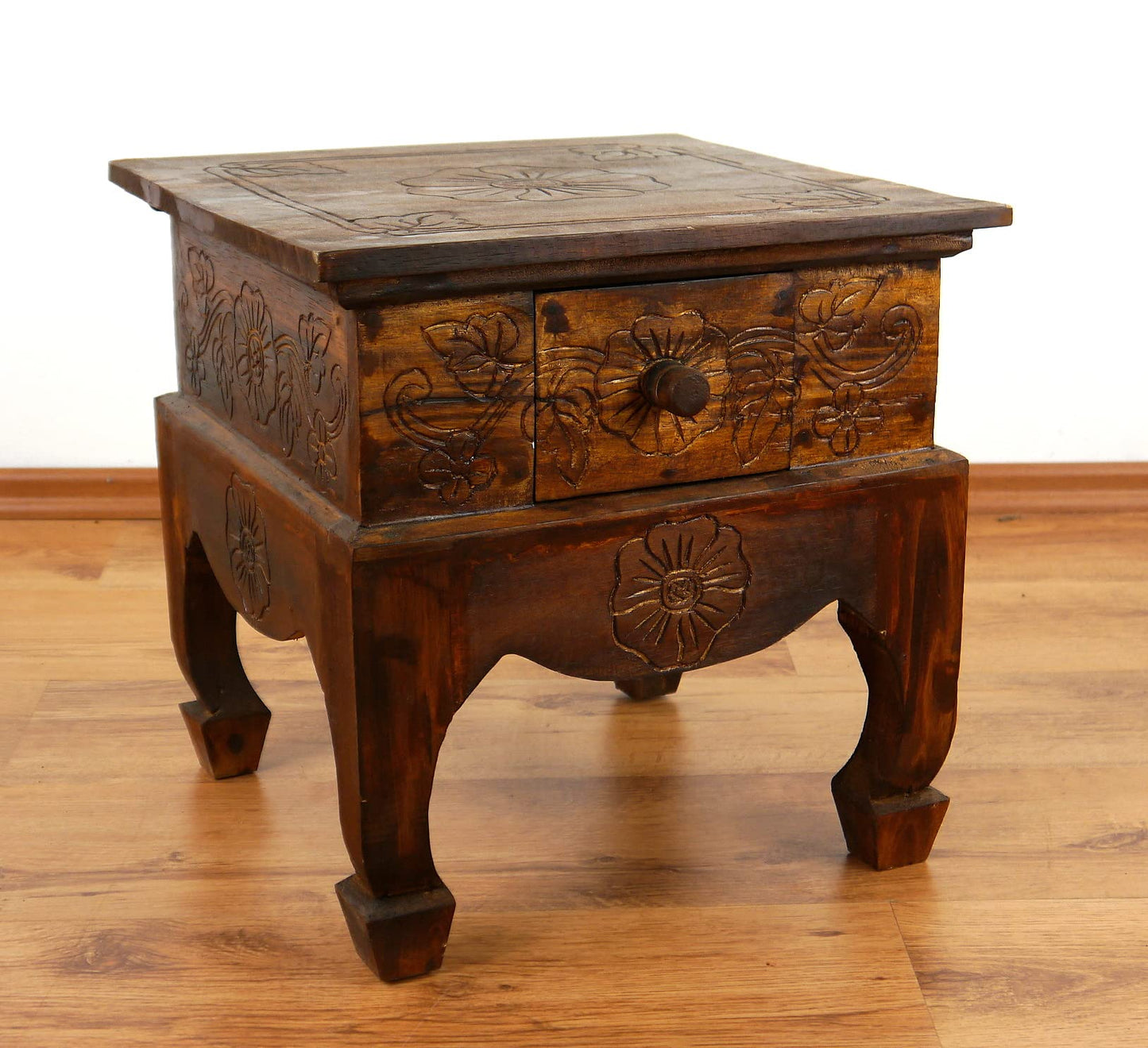 livasia Opium table with drawer - 40x40x40cm - Hand-carved wooden side table from Bali, adds Asian charm as a wooden table to your home (Brown)