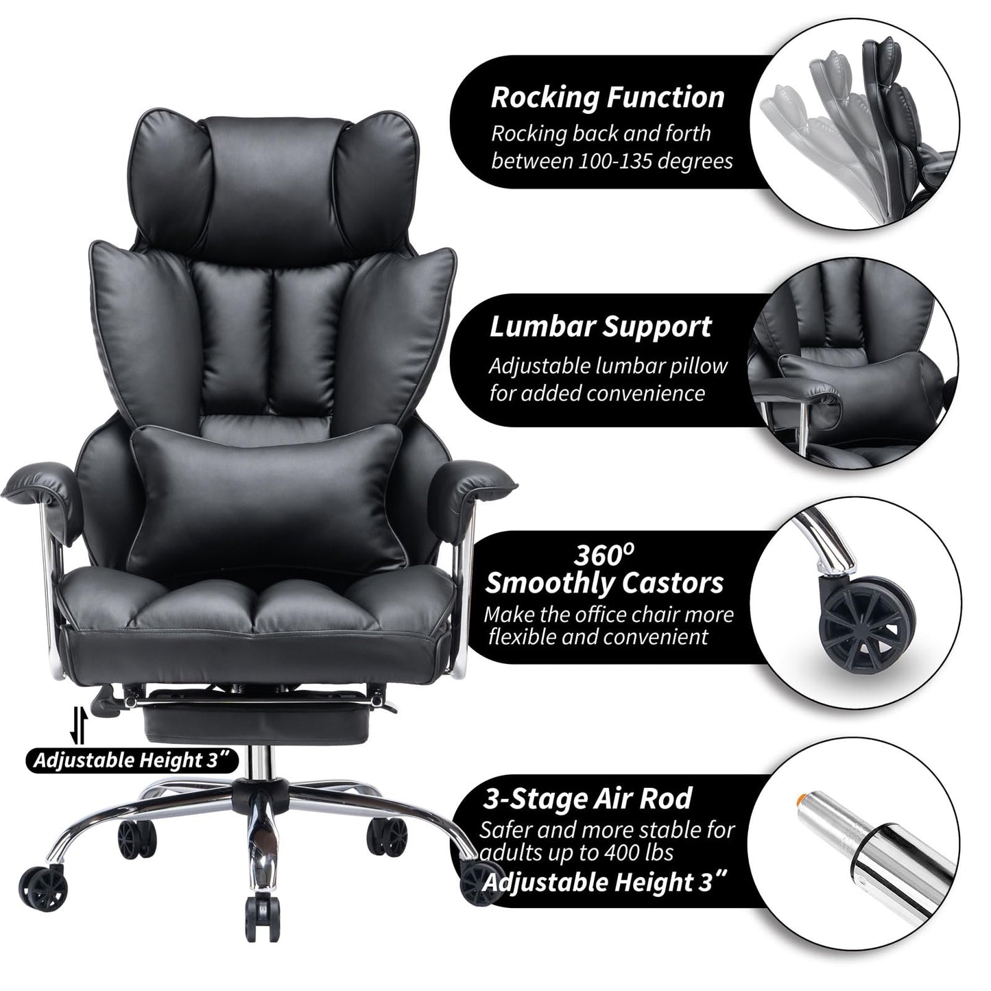 Efomao ergonomic office chair, PU leather executive chair, office chair 200 kg with footrest and lumbar support, Adjustable high back chair, Black