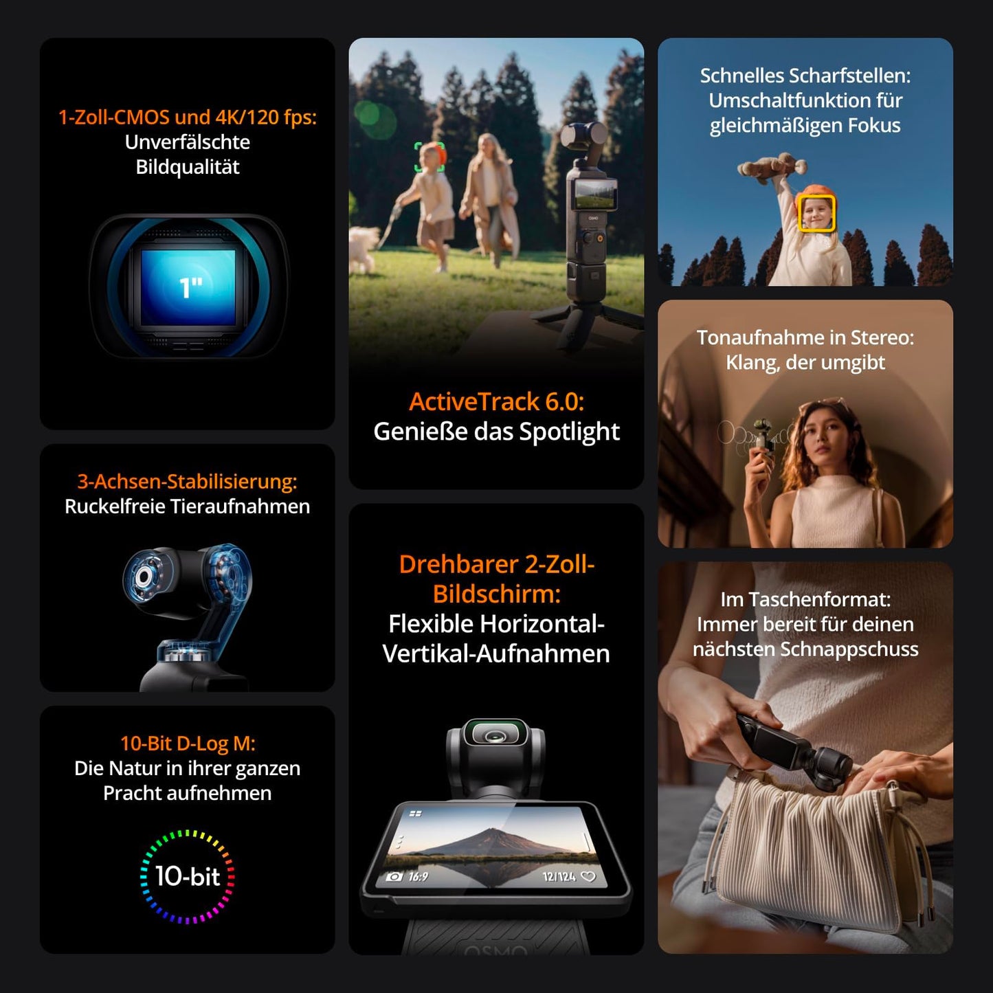 DJI Osmo Pocket 3, vlogging camera with 1-inch CMOS and 4K/120 fps video, 3-axis stabilization, fast focusing, face/object tracking, compact video camera for photography.