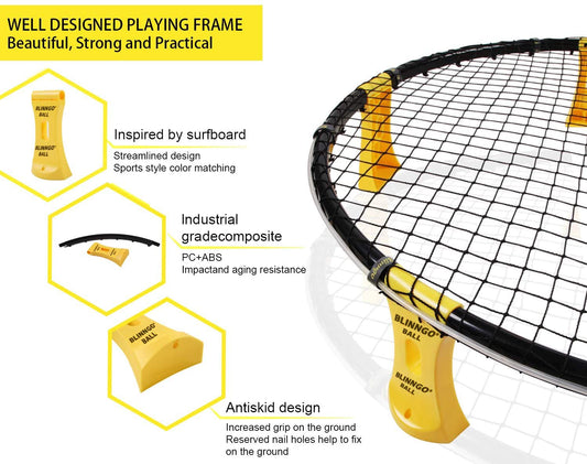 Mookis Blinngoball Outdoor Roundnet Game Set, includes game net, 3 balls, drawstring bag, ball pump with 1 needle, and instruction manual and more.