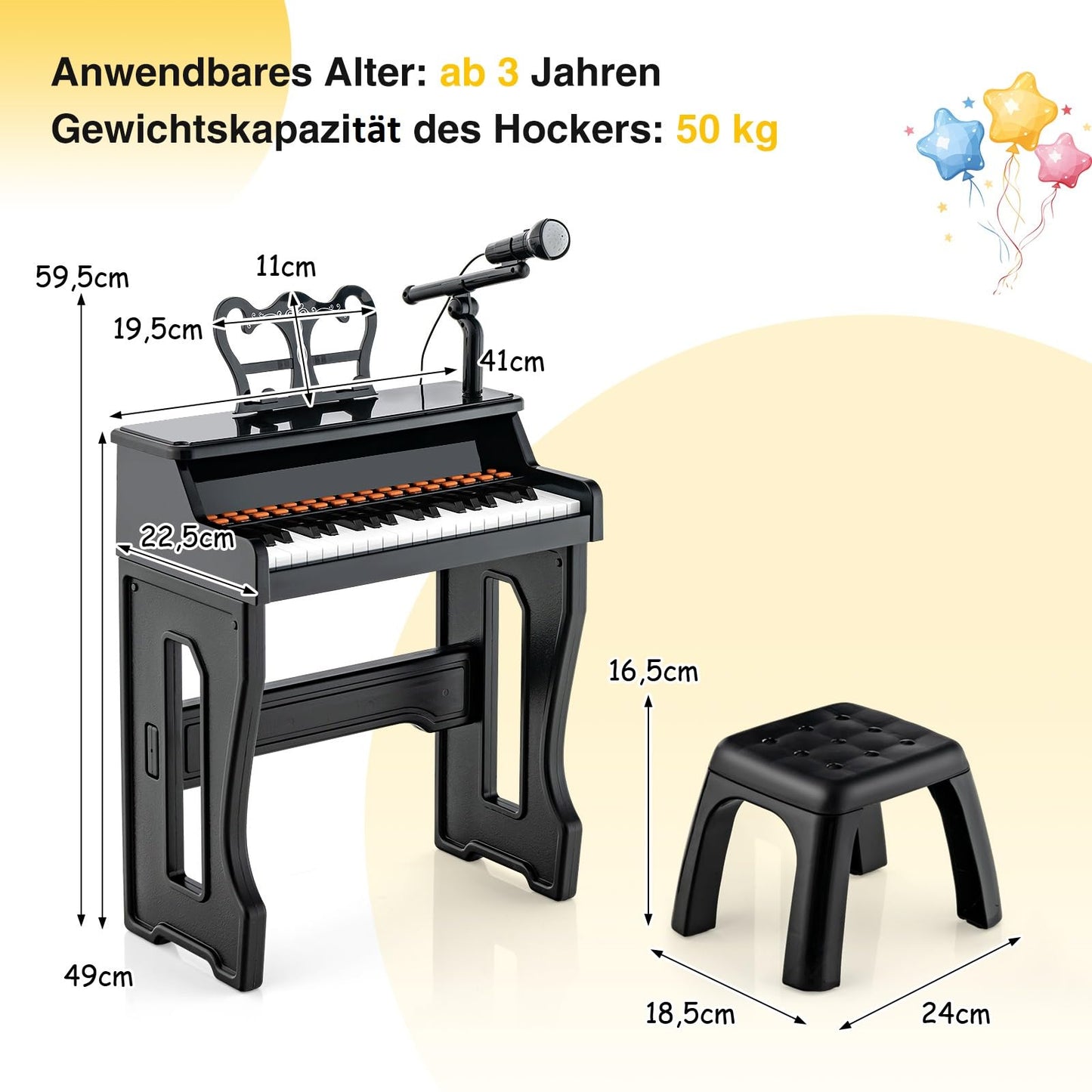 COSTWAY 37-Key Kids Keyboard, electronic child piano with stool, adjustable microphone & music stand, kids piano keyboard for children aged 3 and up (Black)