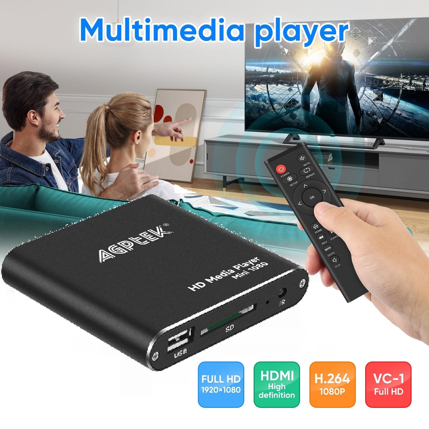 AGPTEK Mini 1080P Full HD Digital Media Player with remote control for MP3, WMA, OGG, AAC, FLAC, APE, AC3, DTS, ATRA - Supports HDMI CVBS & YPbPr video output (Black).