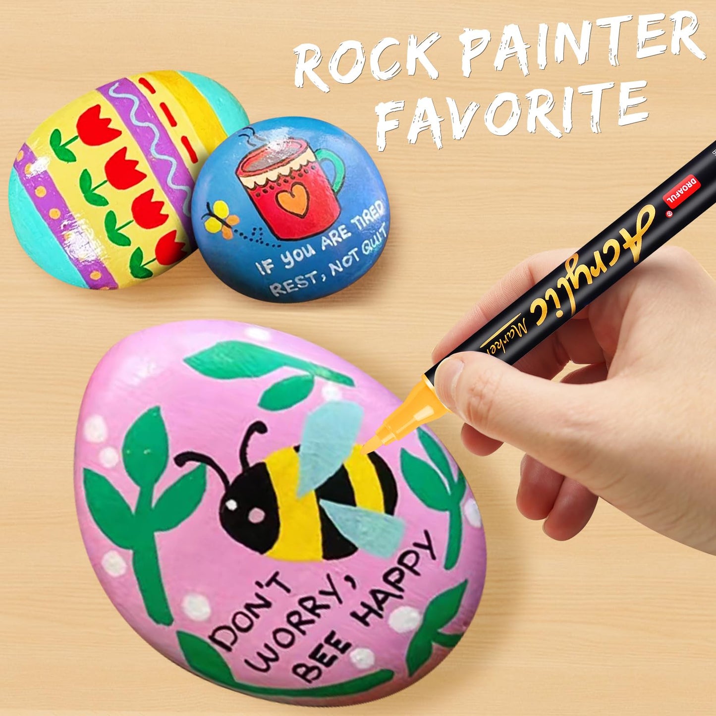 Acrylic paint pens for stones, 36pc. Waterproof, dishwasher safe. Can be used on stones, porcelain, glass, canvas, ceramic, wood, metal, plastic. Quick-drying, non-toxic, odorless.