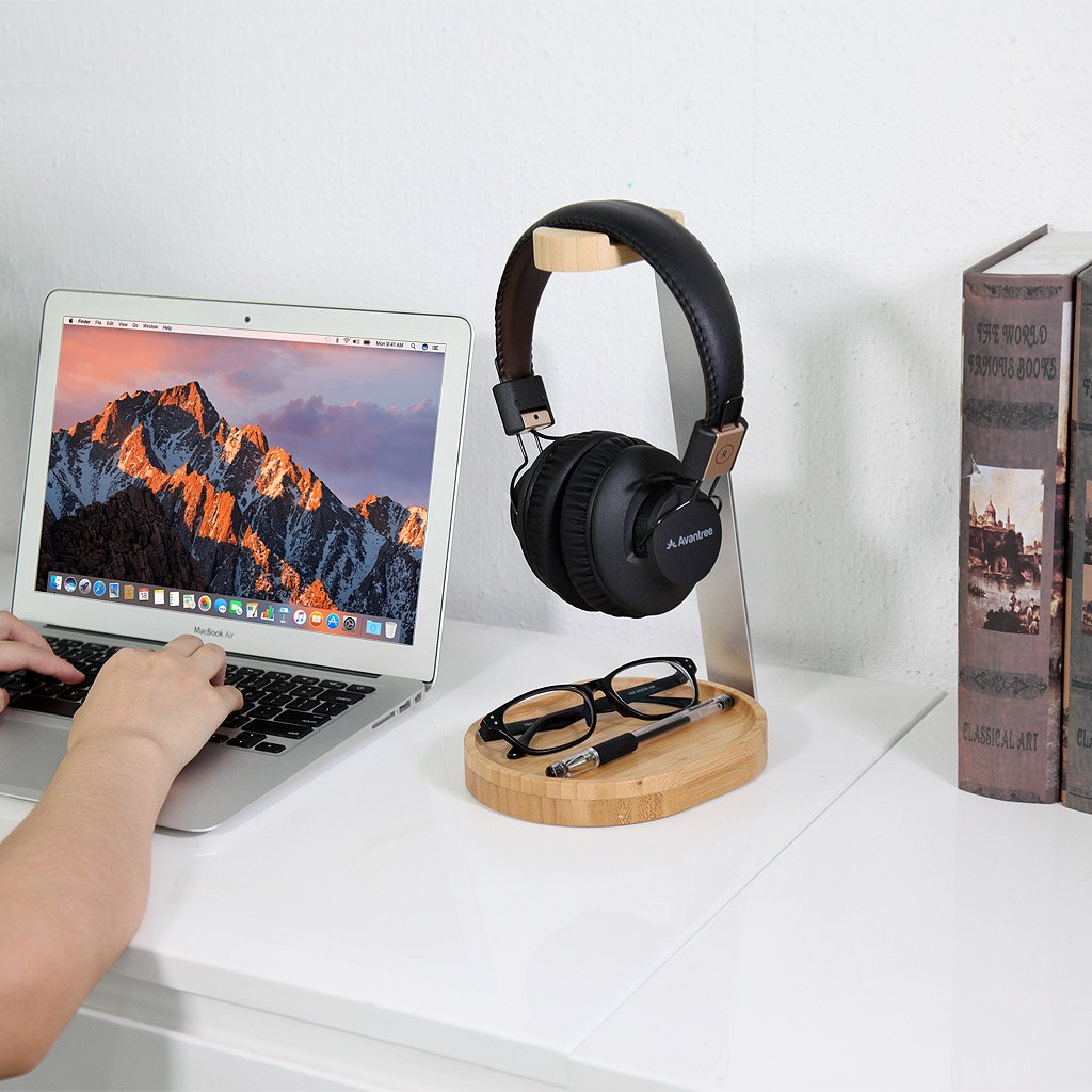Avantree TR902 - Universal Wood & Aluminum Headphone Stand, Stable Headset Holder Rack with Cable Holder.