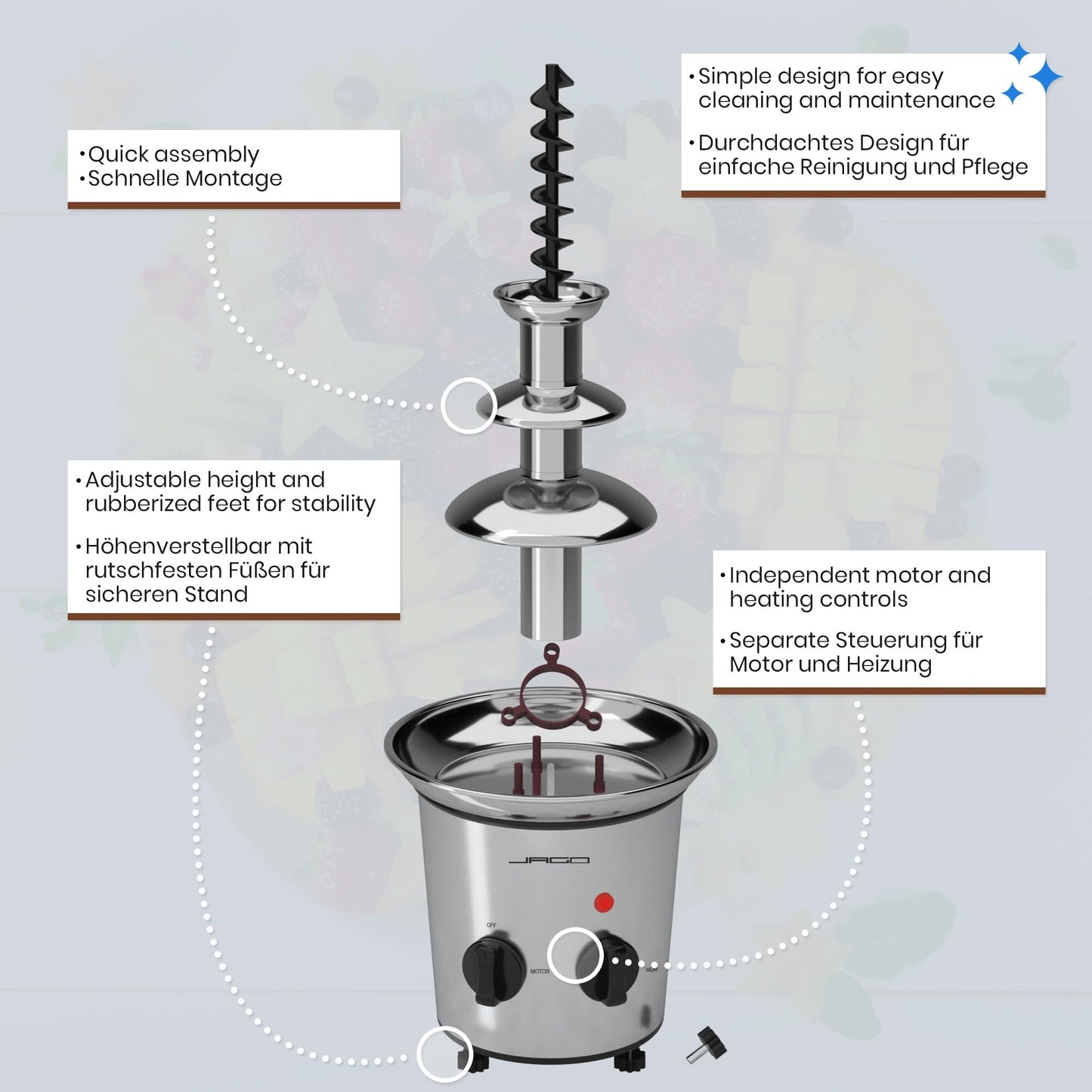 Jago® Chocolate Fountain 275W - 3 tiers, Max. Capacity 1 kg chocolate, Stainless steel, Dishwasher safe, Silver - Chocolate fountain, Chocolate fondue, Chocolate fondue, Chocolate fountain