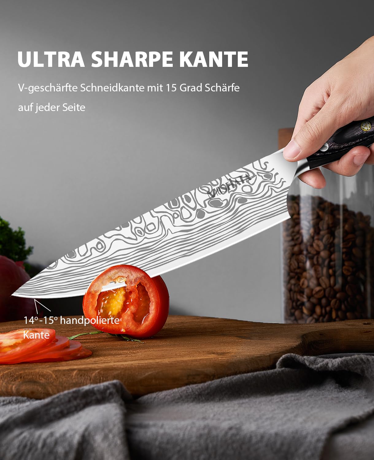 MOSFiATA chef's knife, kitchen knife, meat knife professional 20CM made of EN.4116 German stainless steel sharp blade ergonomic with finger guard and knife sharpener in gift box.