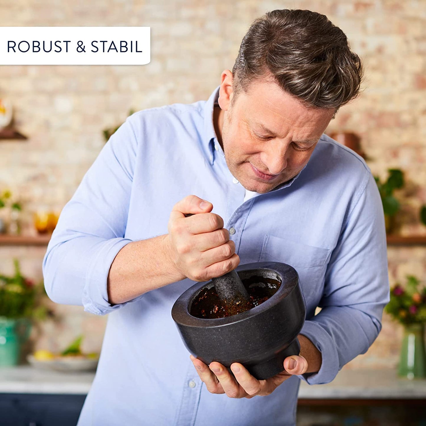 Jamie Oliver by Tefal Granite Pestle and Mortar, 14.5 cm diameter, perfect for crushing herbs and spices, easy to clean, K1823155.