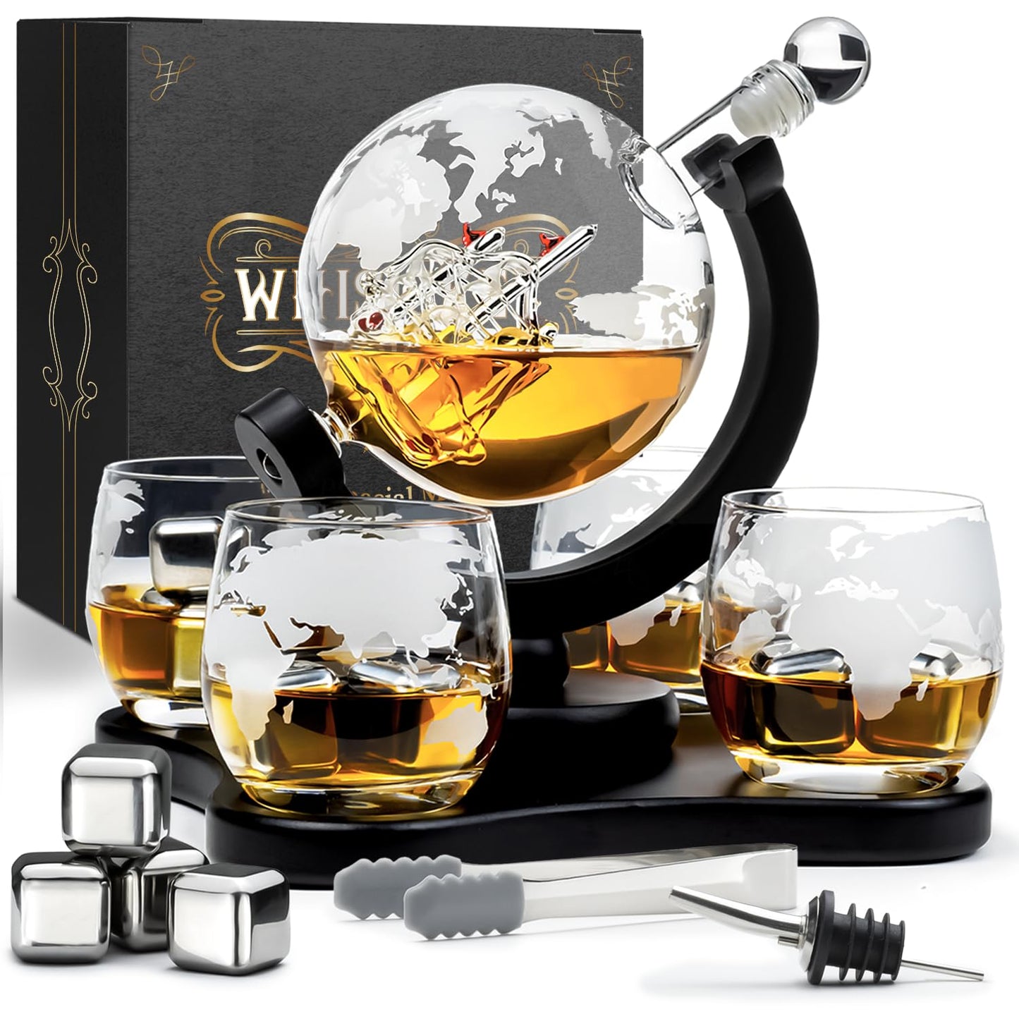 Whiskey Decanter Set - Whiskey Gift Set - Gifts for Men - Men's Gift - Birthday Gift for Men - Globe Decanter 900ML, Gift Box, 4 Whiskey Glasses, 4 Whiskey Stones