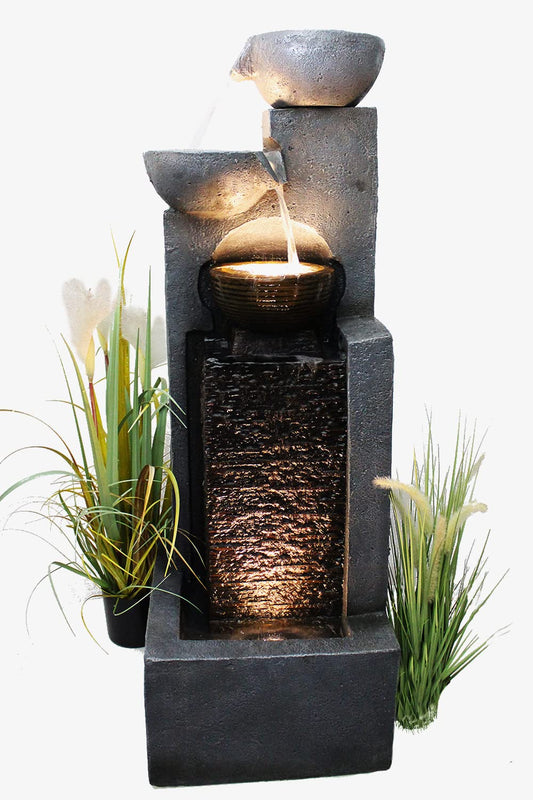 Arnusa Large Garden Fountain with LED Lighting, Cascade Water Feature, Garden Decoration, Black, Gray