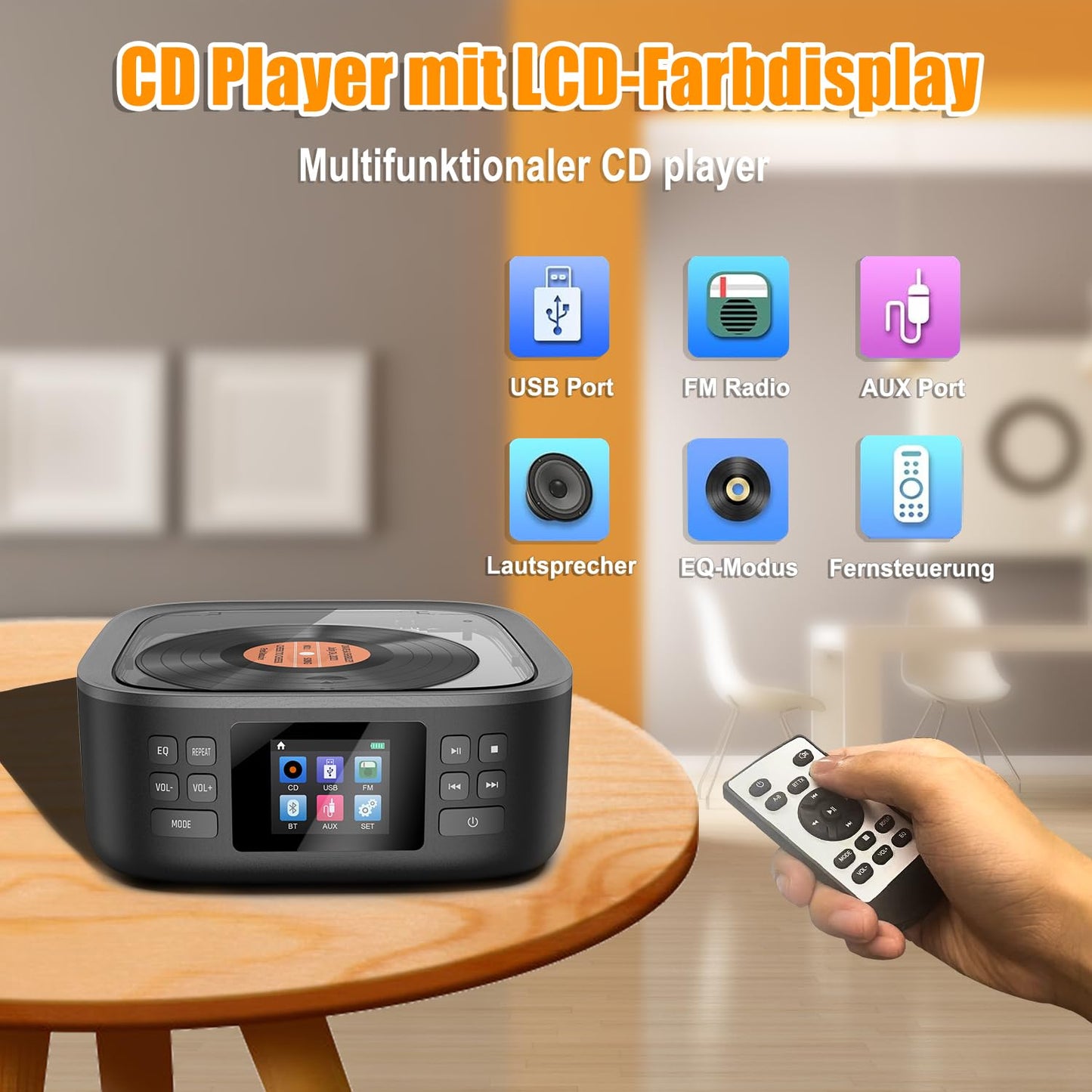 Portable CD player, CCHKFEI Boombox Portable CD player Bluetooth & FM radio with dual stereo speakers support USB/AUX headphone jack Discman Rechargeable CD player Portable.