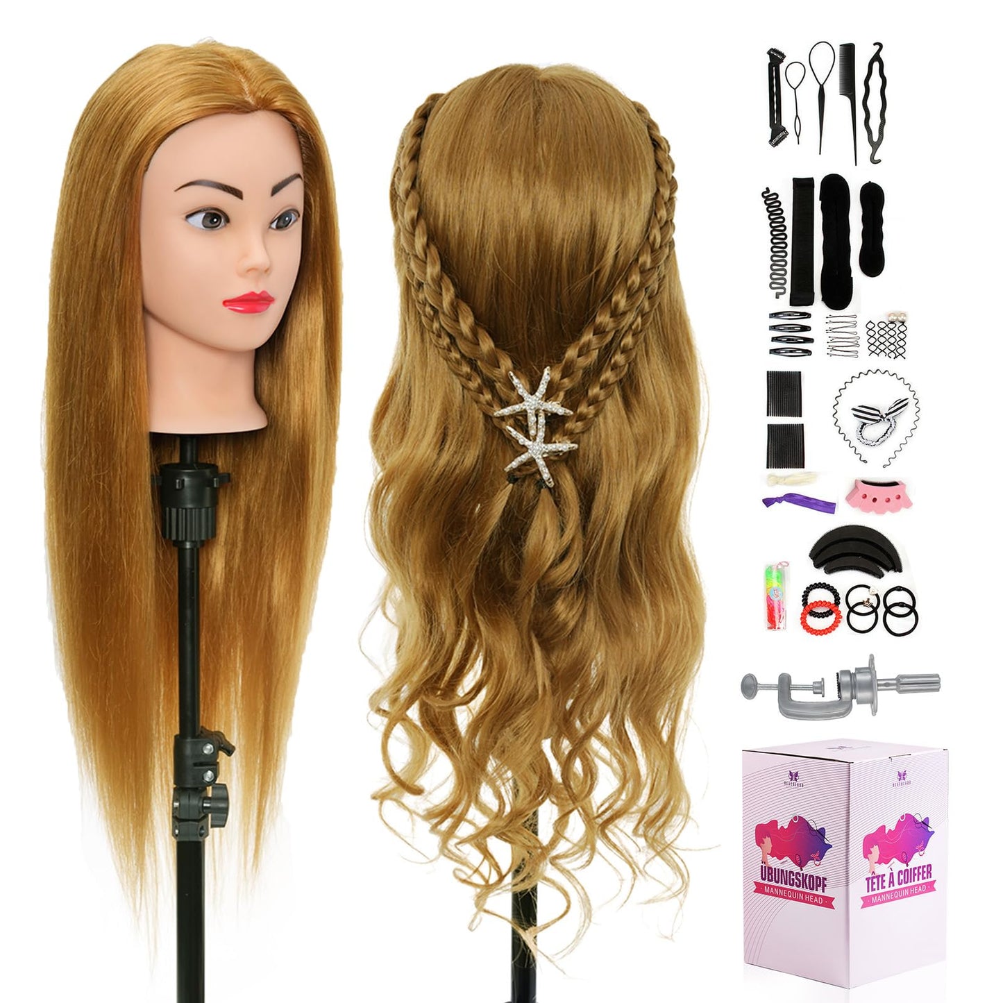 Neverland 80% real hair mannequin head for hairdresser training 24 inch with table clamp + hair styling braid set. Great for hair salons and practicing hairstyles.