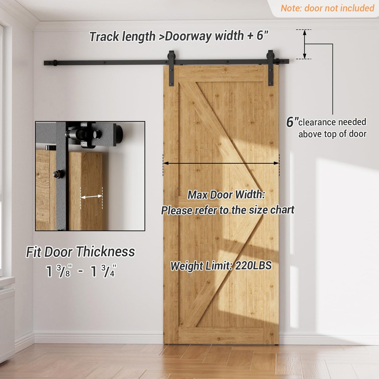 243cm/8FT Sliding Barn Door Hardware Kit Sliding Door System Accessory for Interior Doors, Black
