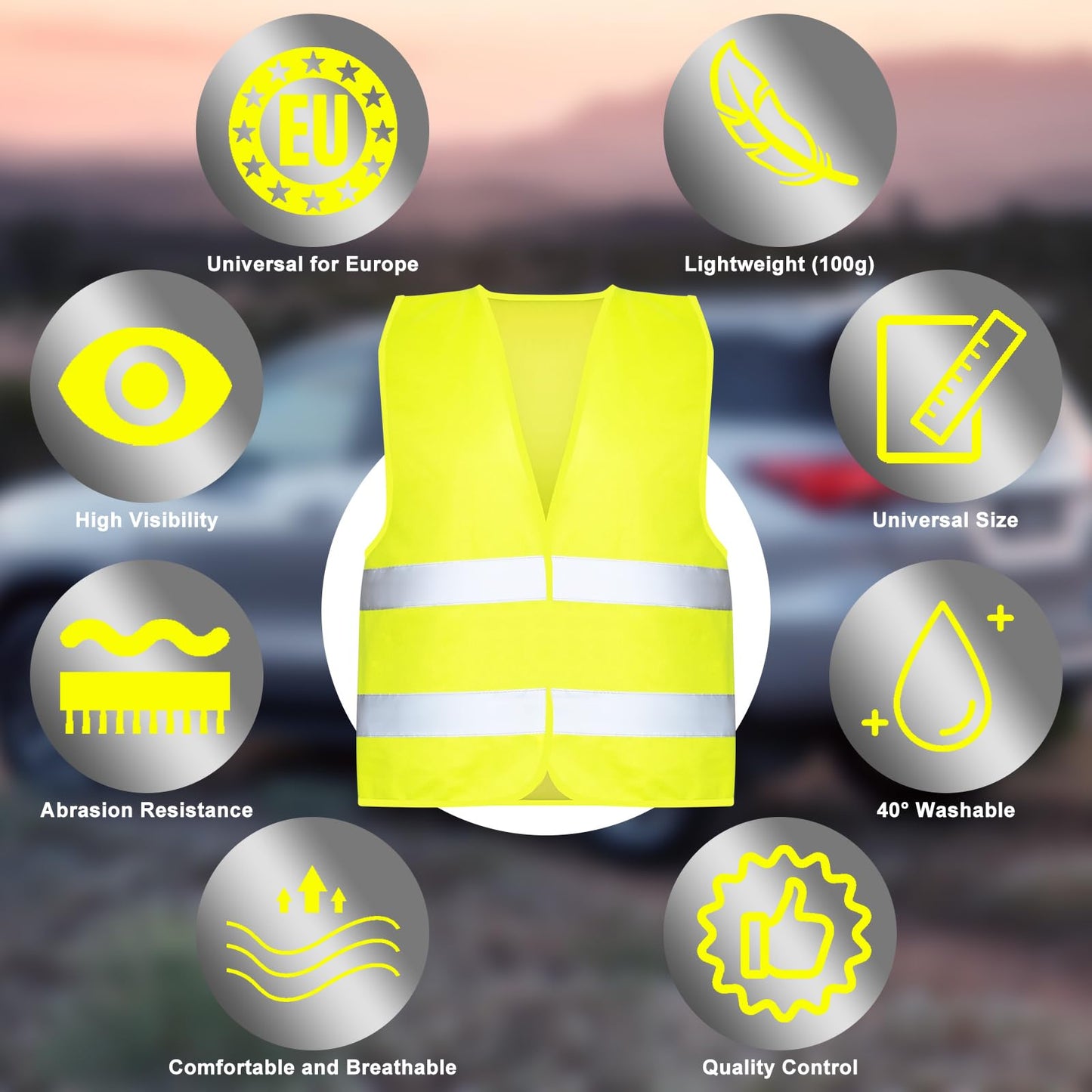 YSWOVUO warning vests for cars 8 pieces, valid throughout Europe according to EN ISO 20471, adult warning safety vest, yellow safety vest for cars, emergency vest for men and women.