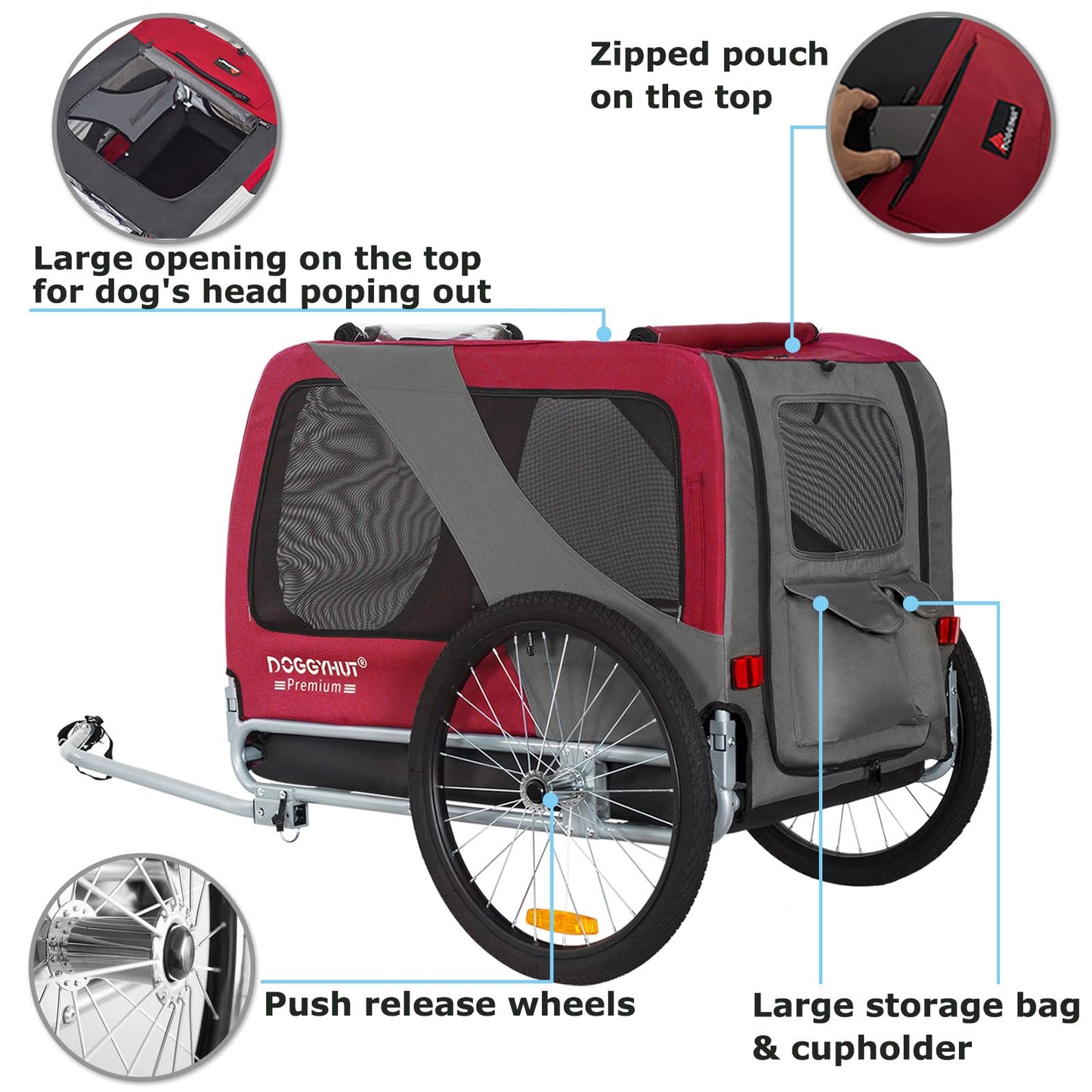 DOGGYHUT® Premium XL Dog Bike Trailer up to 45 kg Bike trailer for dogs Dog trailer for bicycles large dogs 80103 (RED/BLACK)