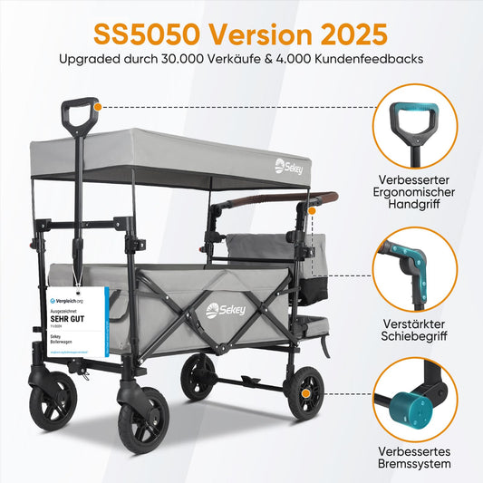Sekey Folding Wagon with Canopy 2 Kids 220 lbs, Foldable Handcart with Push Handle, Stroller Shockproof PU Wheels with Brakes 110L, SS5050, Gray