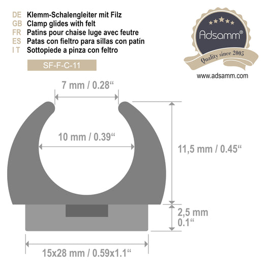 Adsamm® / 32 x clamping shell glides with felt / Black / ø 9-10 mm / Round / Shell glides with interchangeable felt for steel tube chairs