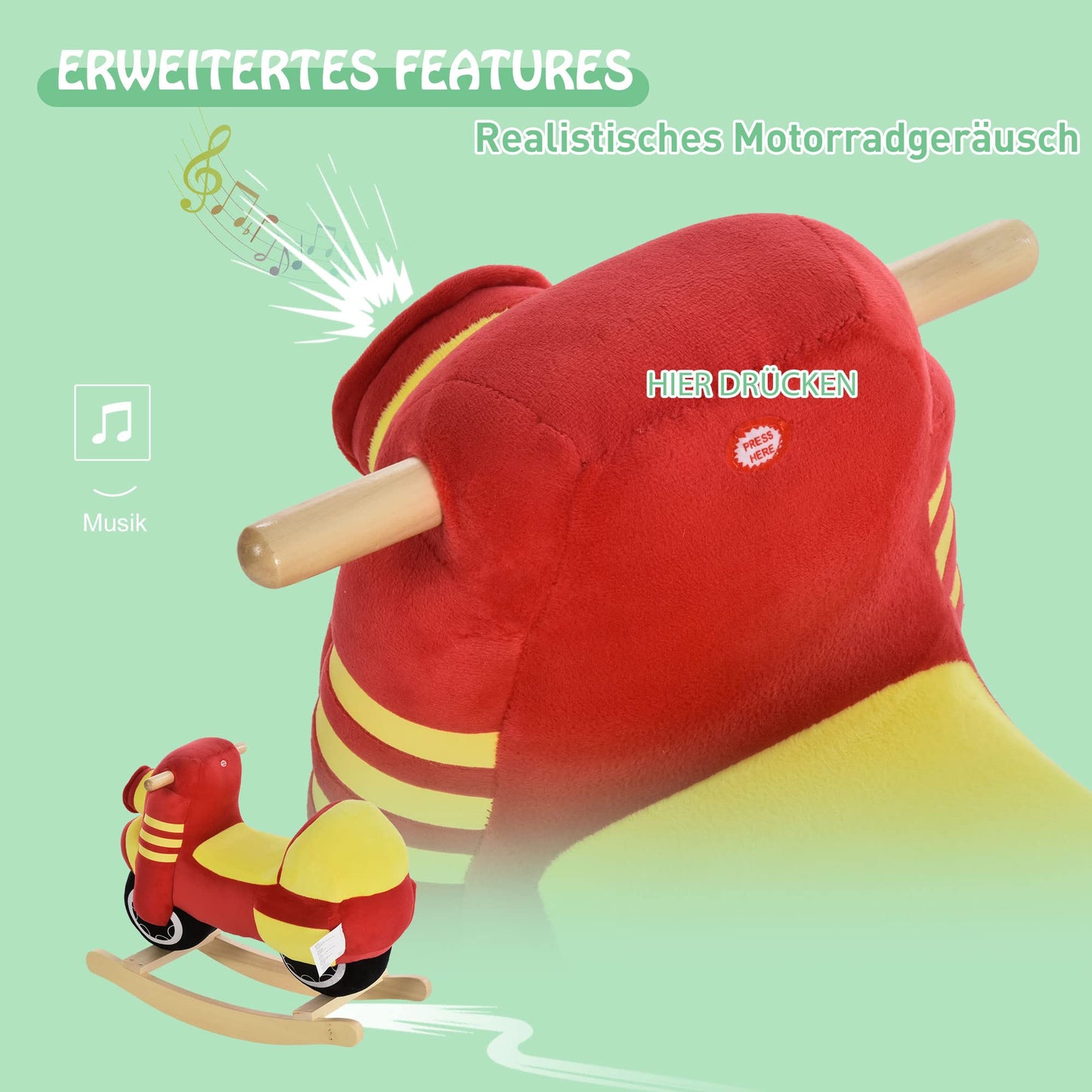 HOMCOM Kids Rocking Horse Baby Rocking Animal Motorcycle with Motorcycle Sound, Rocking Toy Handles for 18-36 Months Plush Red+Yellow 60x25.5x48 cm