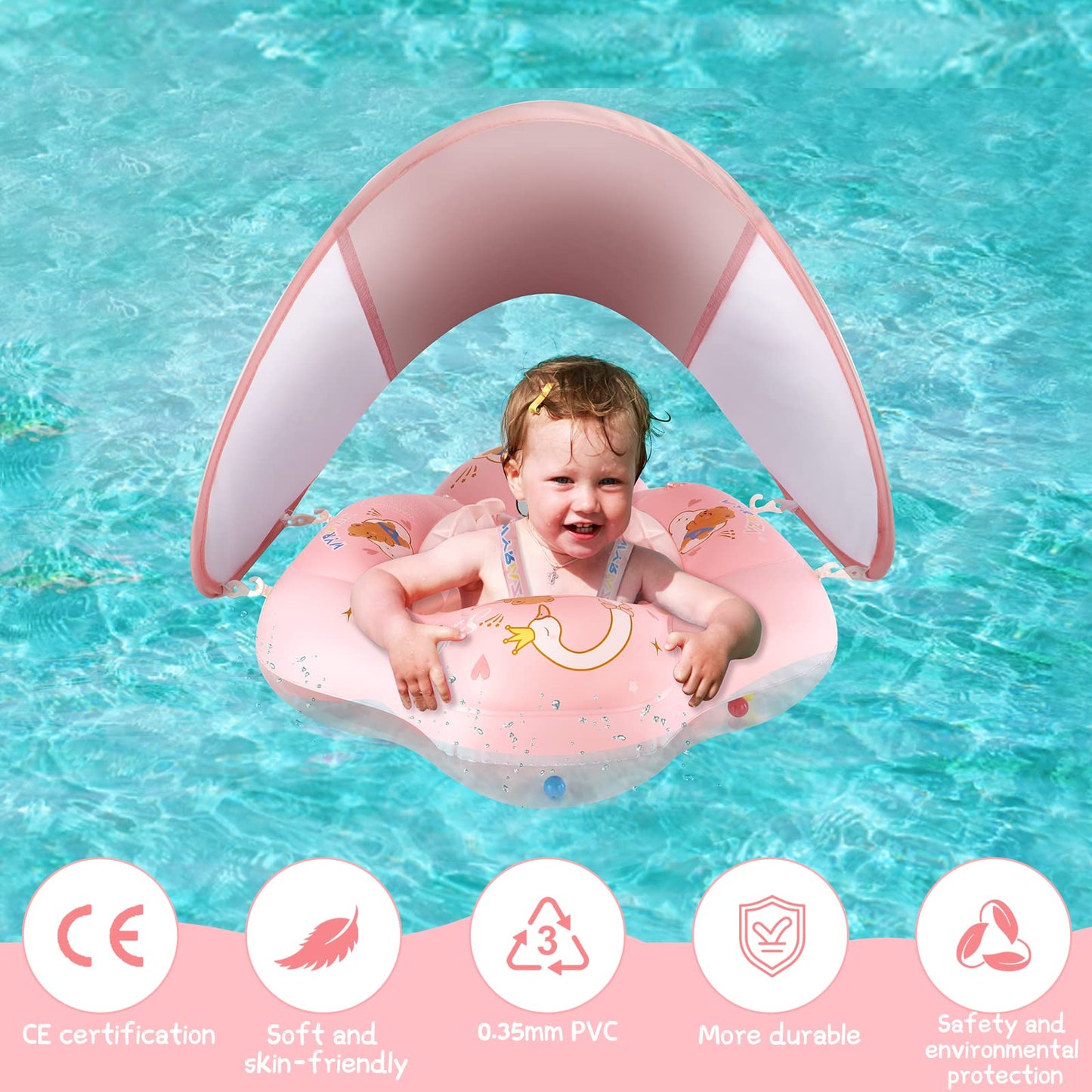 WYRIAZA baby swimming ring with sunshade SPF 50+. Upgrade baby swimming ring 8-16kgs with balance ball to prevent rollover (L 6-36 months).