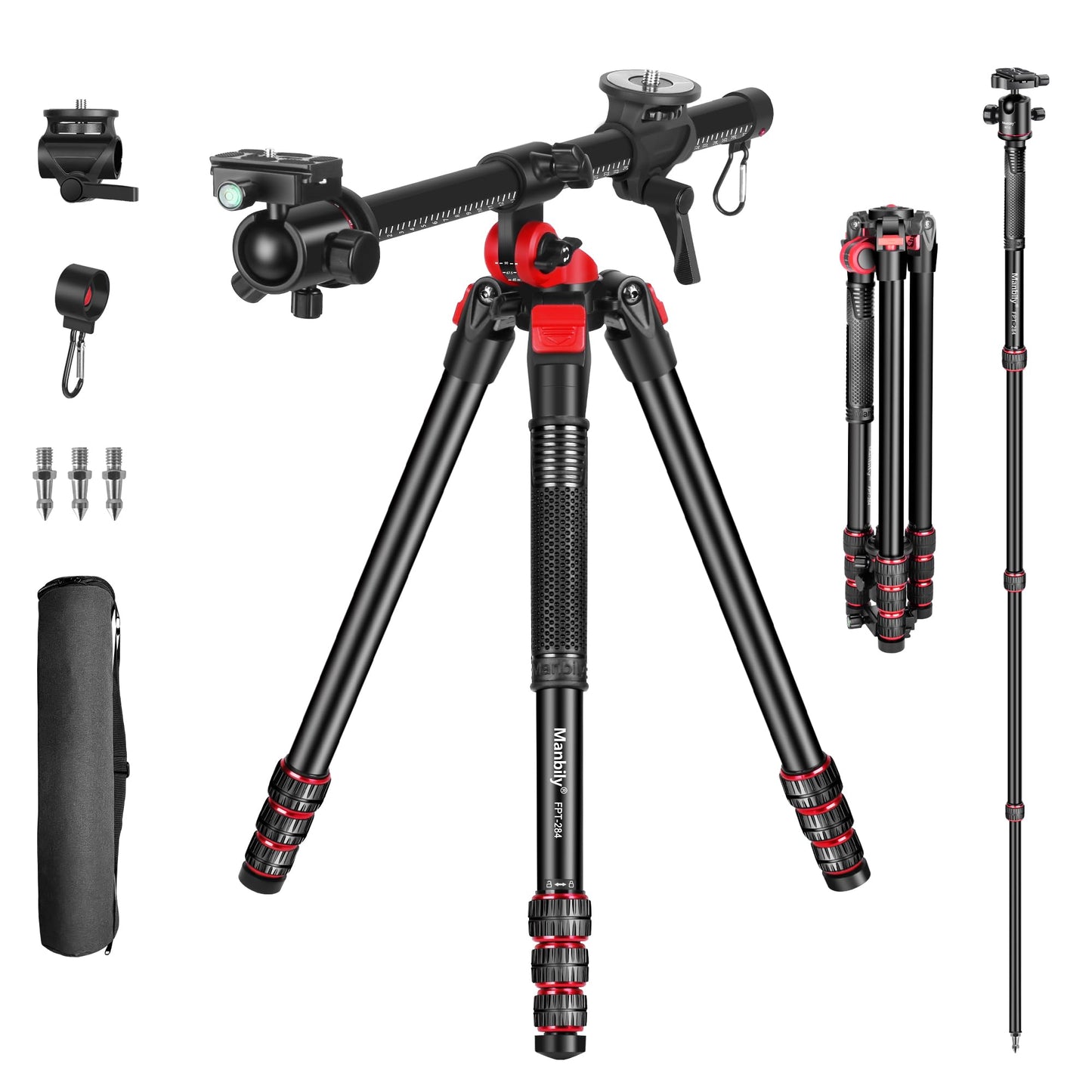 Camera tripod Manbily 178cm 70" horizontal overhead 360° aluminum tripod monopods rotating center column arm 180° travel tripod 36mm ball head & mounting platform for DSLR camera video camcorder