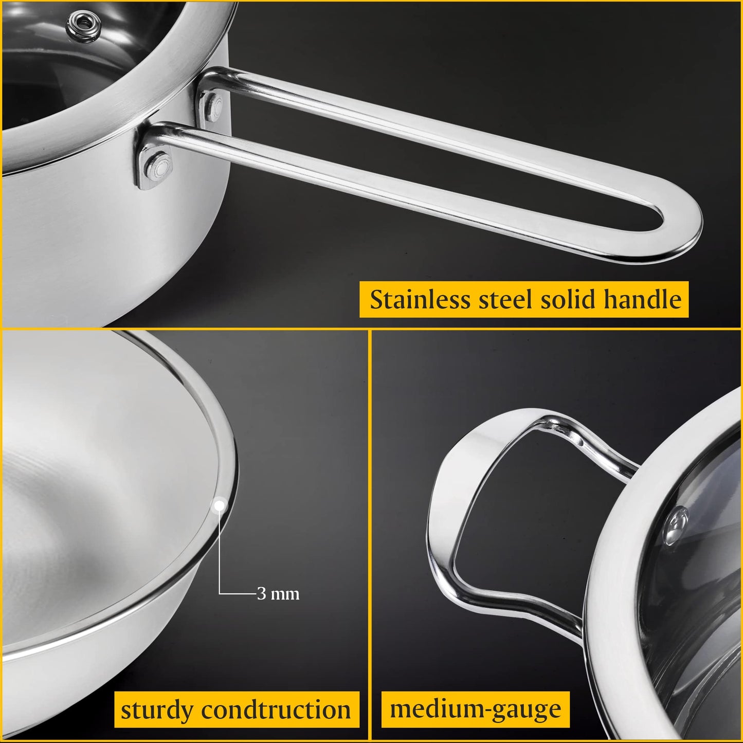 Wodillo Stainless Steel Cookware Set, 6-piece pot set with glass lids and cool-touch handles, suitable for all stovetops & oven safe, non-coated cookware set (Silver)