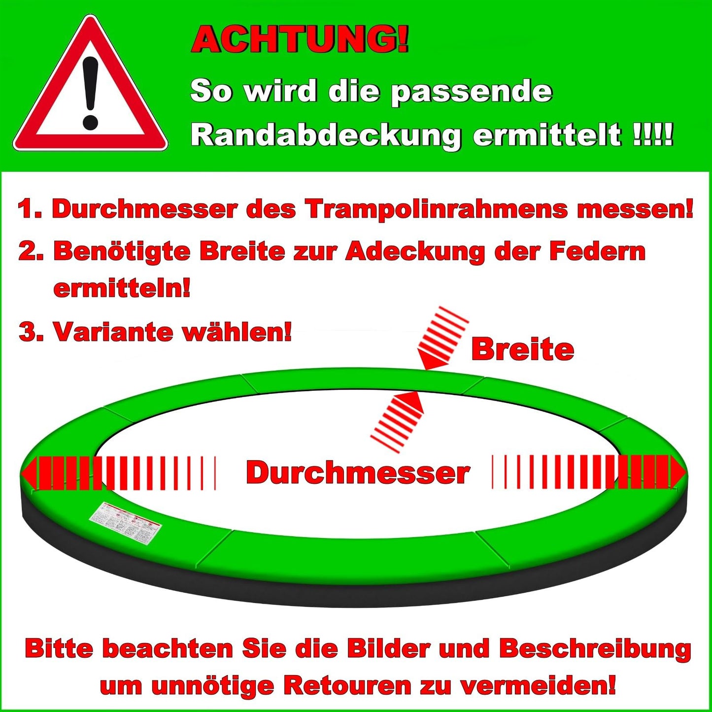 Baunsal® Trampoline Padding Ø 244 cm with 30 cm width in light green-black, 20 mm thick, UV-resistant, tear-resistant. Replacement parts for outdoor trampolines.