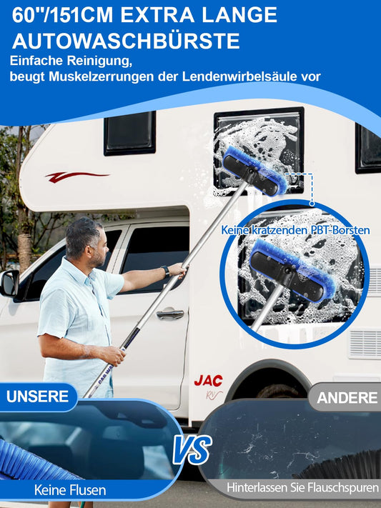 ZimiTeda PBT Car Wash Brush with long handle 10'' Larger brush head with soft bristles rubber bumper for vehicle wheel RV SUV boat truck solar panel deck washing, 60'' 151cm