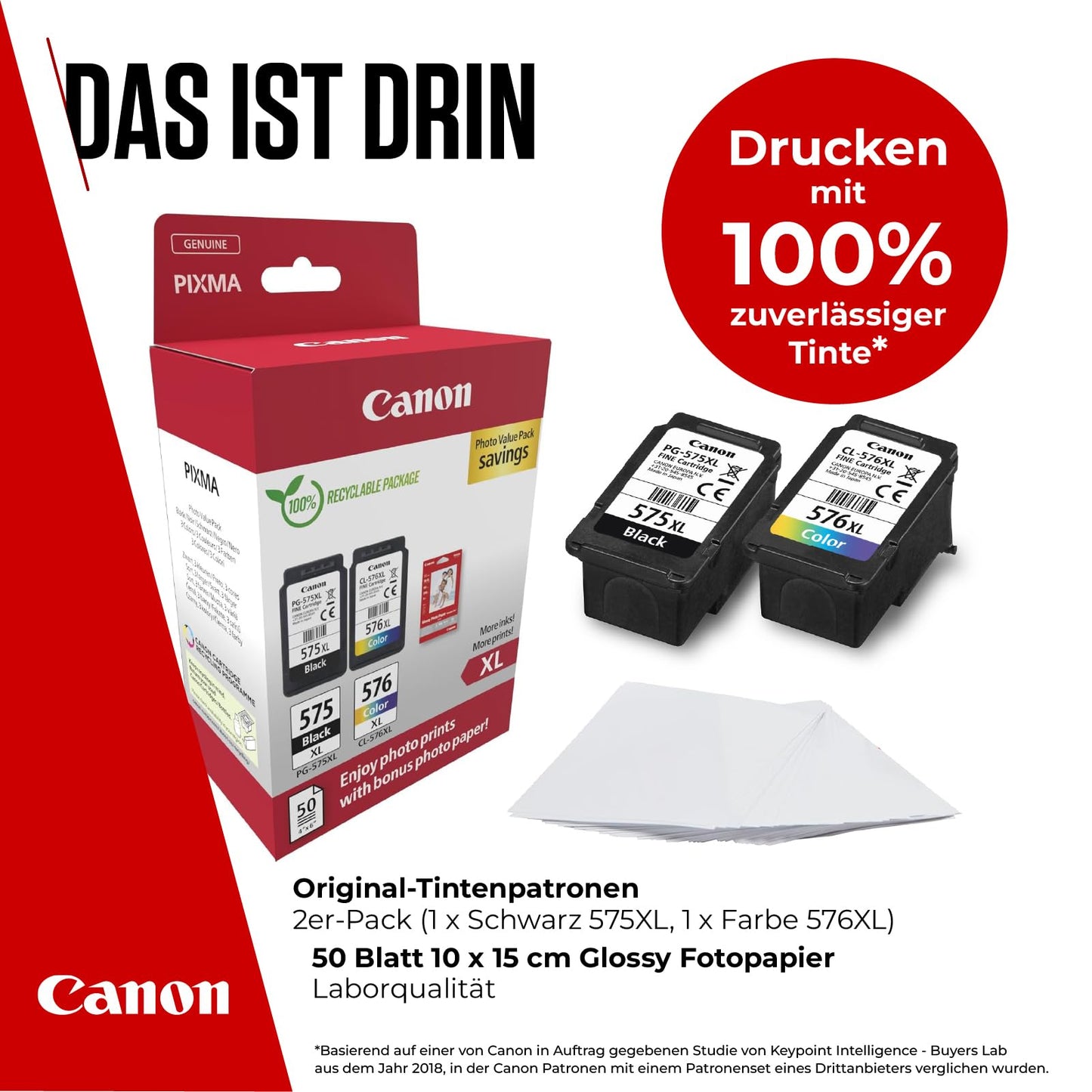 Canon ink cartridges & paper multipack - PG-575XL/CL-576XL original printer cartridges 2 pack (1 x black, 1 x color) & 4x6 photo paper (50 sheets)