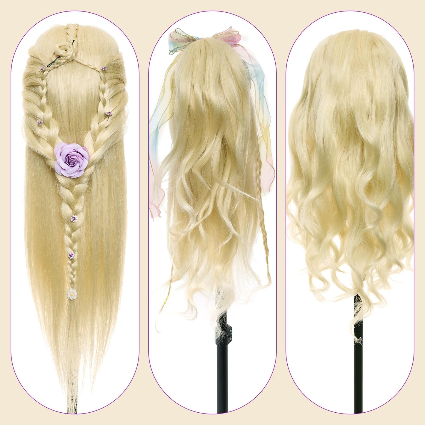 24 inch hairdressing head with 50% real hair. Ideal for practicing hair styling techniques, perfect for hairdressing students. Comes with stand and DIY hair set. Great for training hairstylists.