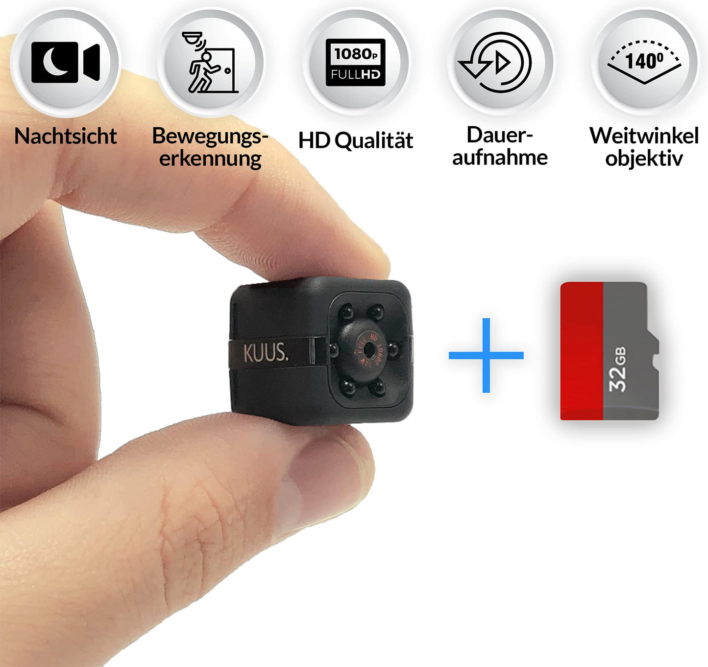 KUUS.® C1 Mini Surveillance Camera 2.3 cm | Indoor surveillance camera with night vision & motion sensor | Full HD 1080P Micro Camera without WLAN with recording 32GB SD card for indoor use.