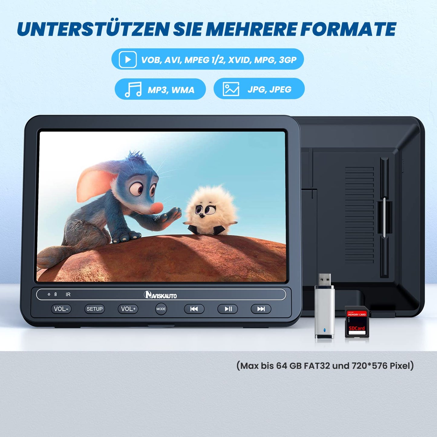 NAVISKAUTO 10.5'' Car DVD Player with 2 Screens, 2 Headphones, 5 Hour Battery, Car DVD Player with 2 Monitors, Headrest TV for Kids, Last Memory, USB, AV In/Out, 12V.