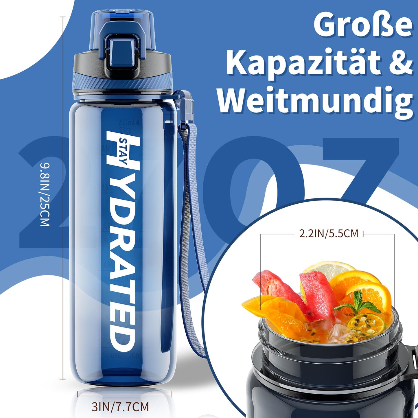 Mevoly 750ML water bottle, BPA-Free Tritan sports bottle with time markings. Leak-proof for fitness, outdoor, gym, school.