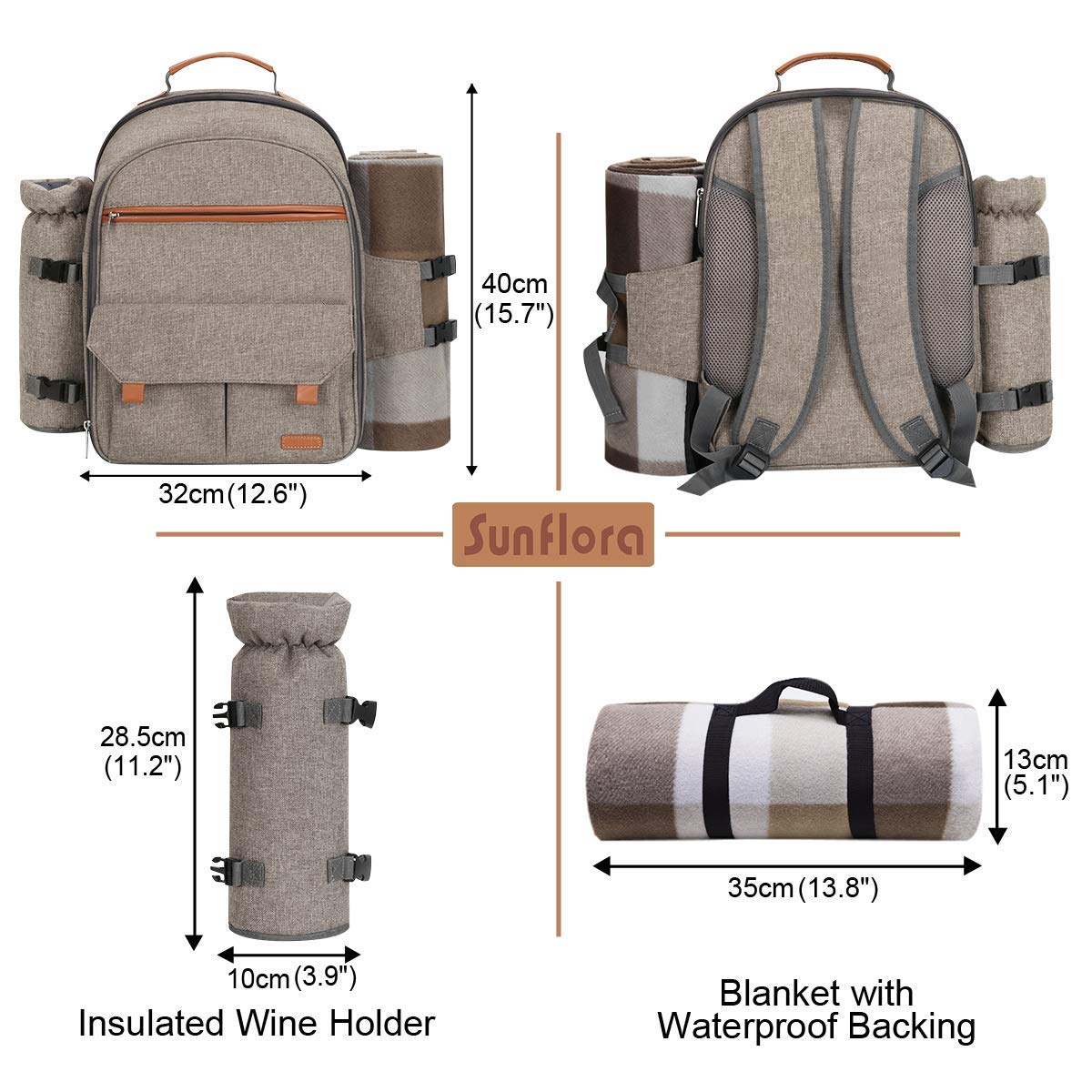 Sunflora picnic backpack set for 4 persons with insulated cooler and blanket, picnic basket for 4 persons for camping outdoor (beige)
