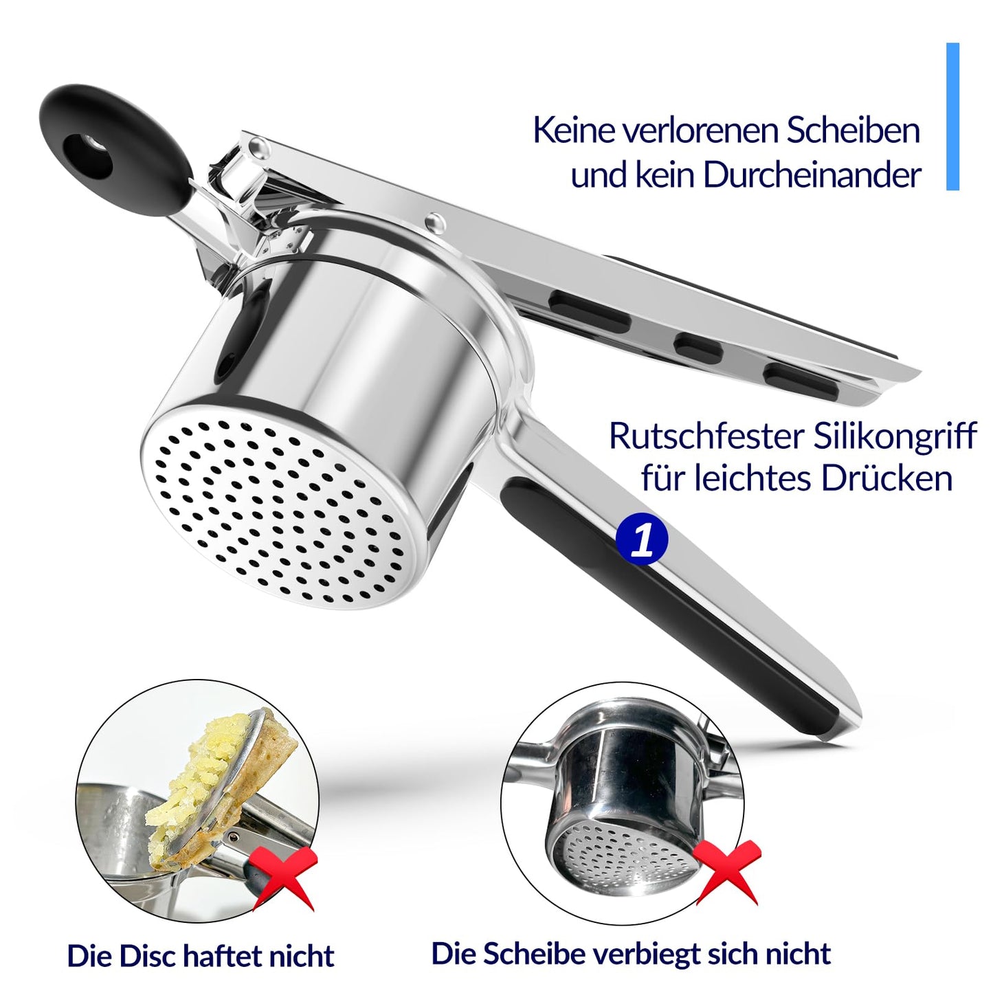 Potato masher, spaghetti ice cream maker, 405ML heavy-duty stainless steel potato press makes fluffy mashed potatoes, strong ricer disc without mess, with comfortable silicone handle, dishwasher safe.