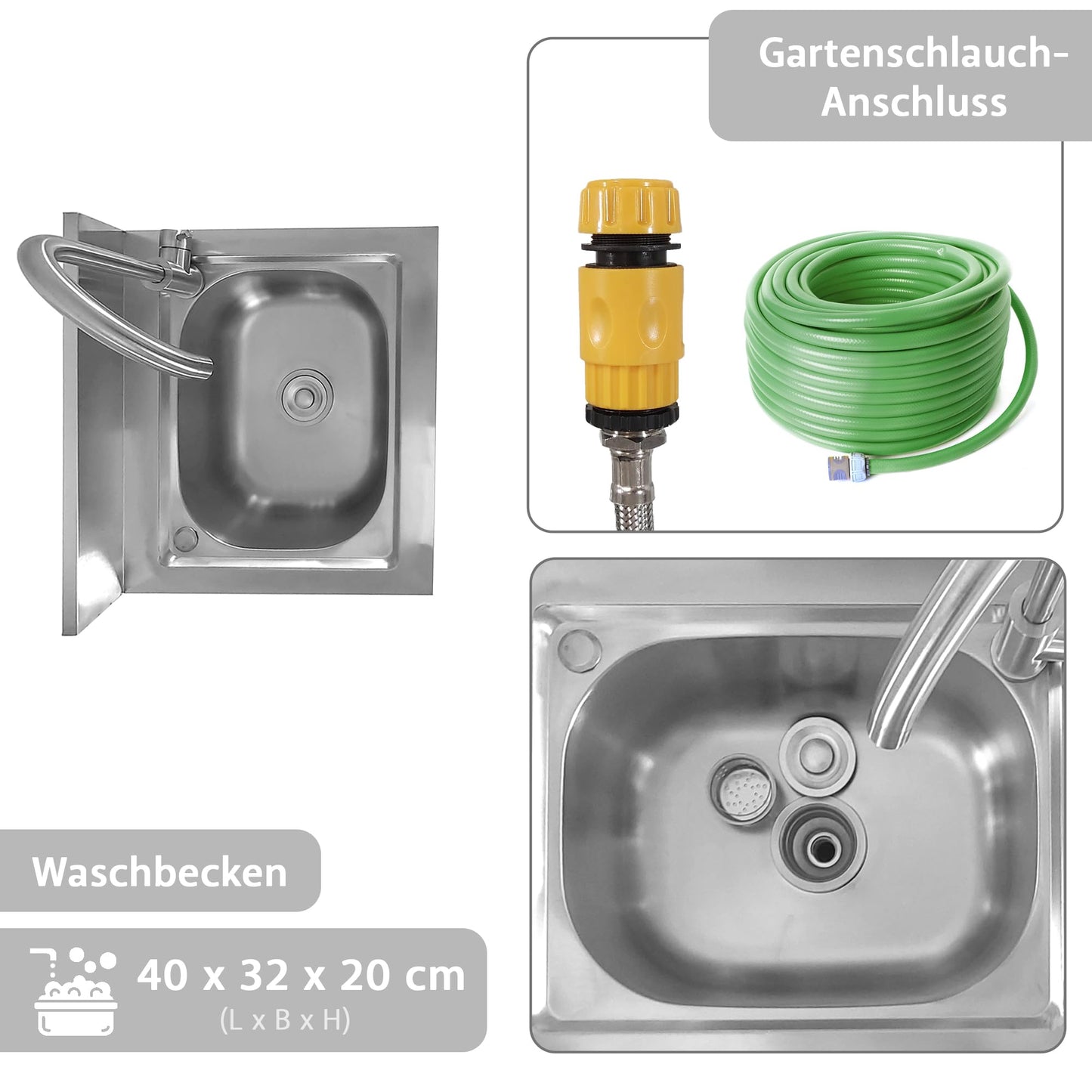 Lemodo freestanding sink - stainless steel sink with faucet, garden hose connection, mobile sink for outdoor kitchen, catering and camping, freestanding kitchen sink with shelf