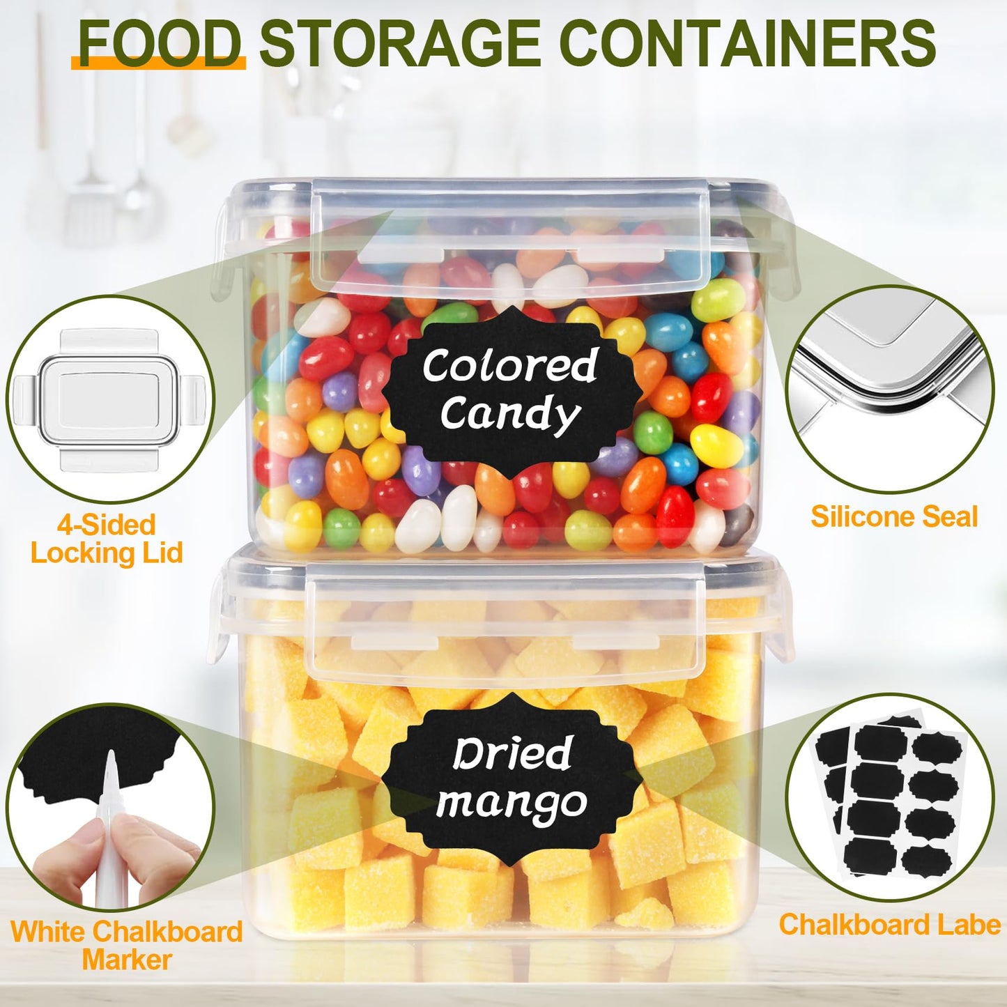 Cinnani 2L storage container set, set of 8 airtight storage containers with lids, cereal dispenser & food storage containers, BPA free kitchen storage box for storing pasta, cereal, rice, flour