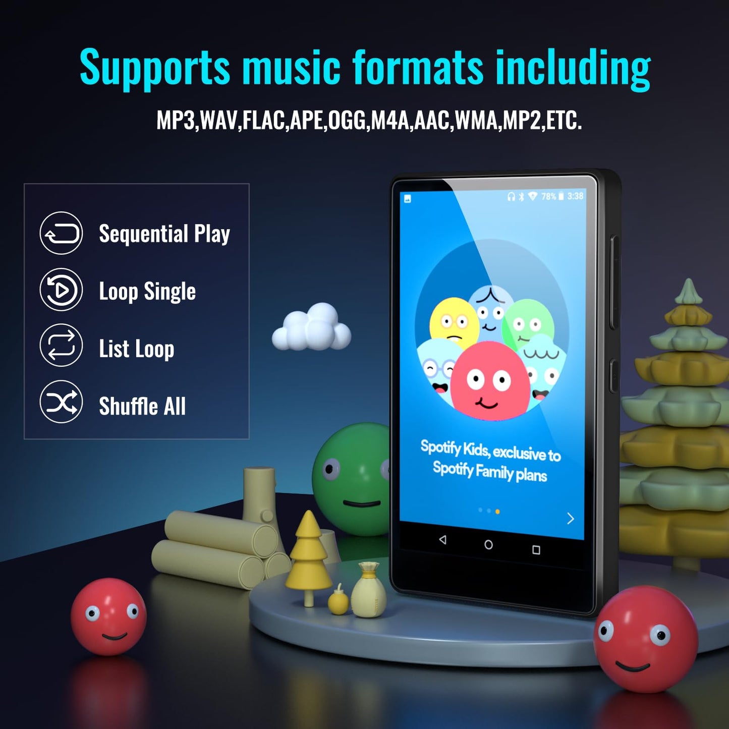 MP3 player with Bluetooth for Spotify Kids, Spotify, Audible, Browser (removable), Amazon Music, 4.0 inch IPS MP4 music player Up to 256GB.