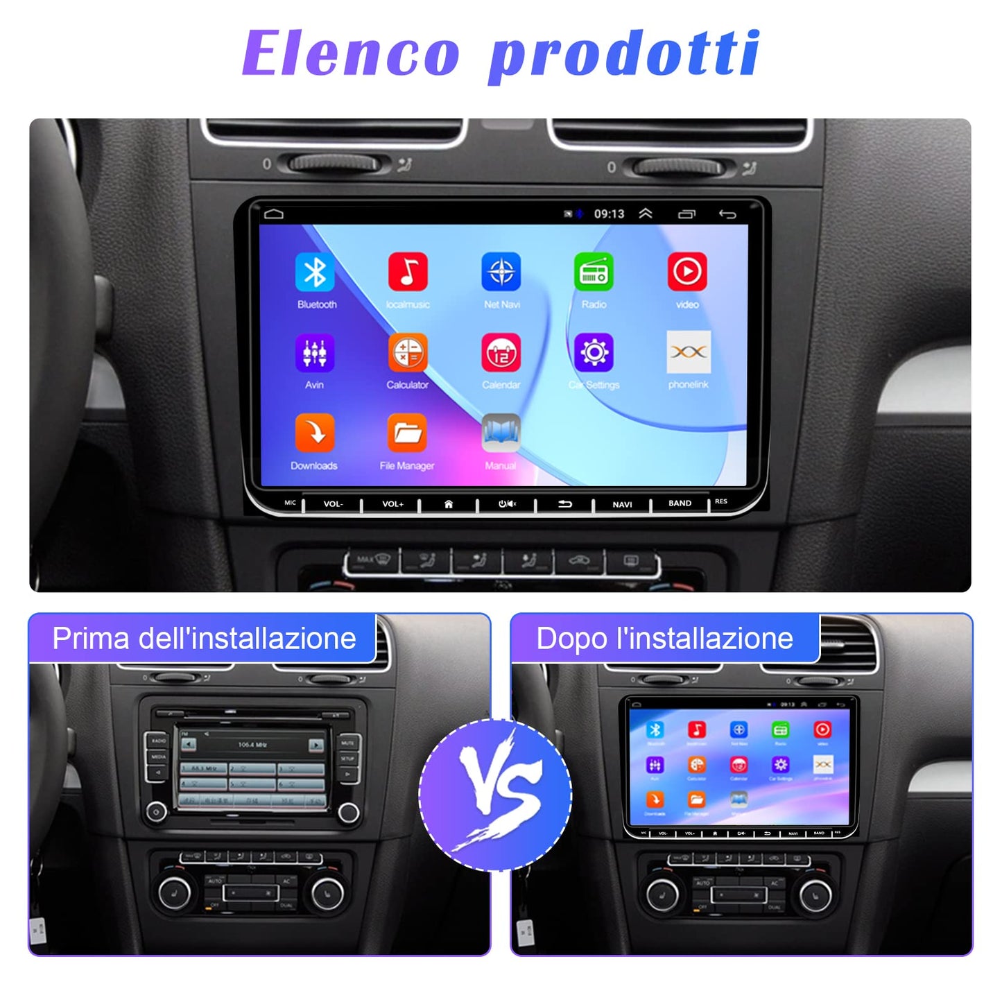 Hikity Android13 car radio with wireless Carplay and navigation for VW Golf 5 6 Passat B6 B7 Jetta Polo Touran Caddy Sharan Seat. 9-inch stereo radio with Bluetooth, WiFi, FM, Android Auto, and rearview camera.