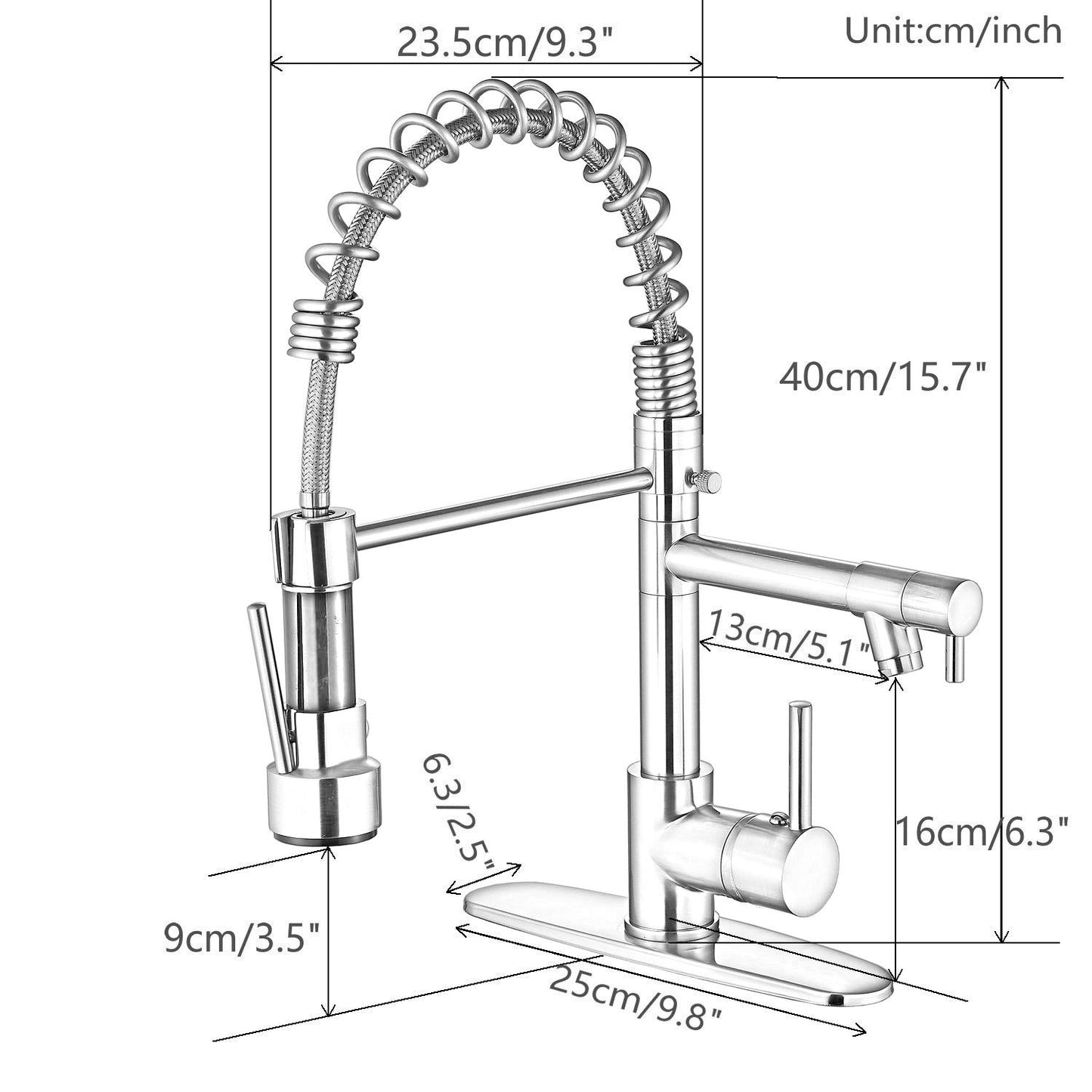 Kitchen faucet black, 360° rotatable sink faucet with pull-out spray, two spouts, spiral spring