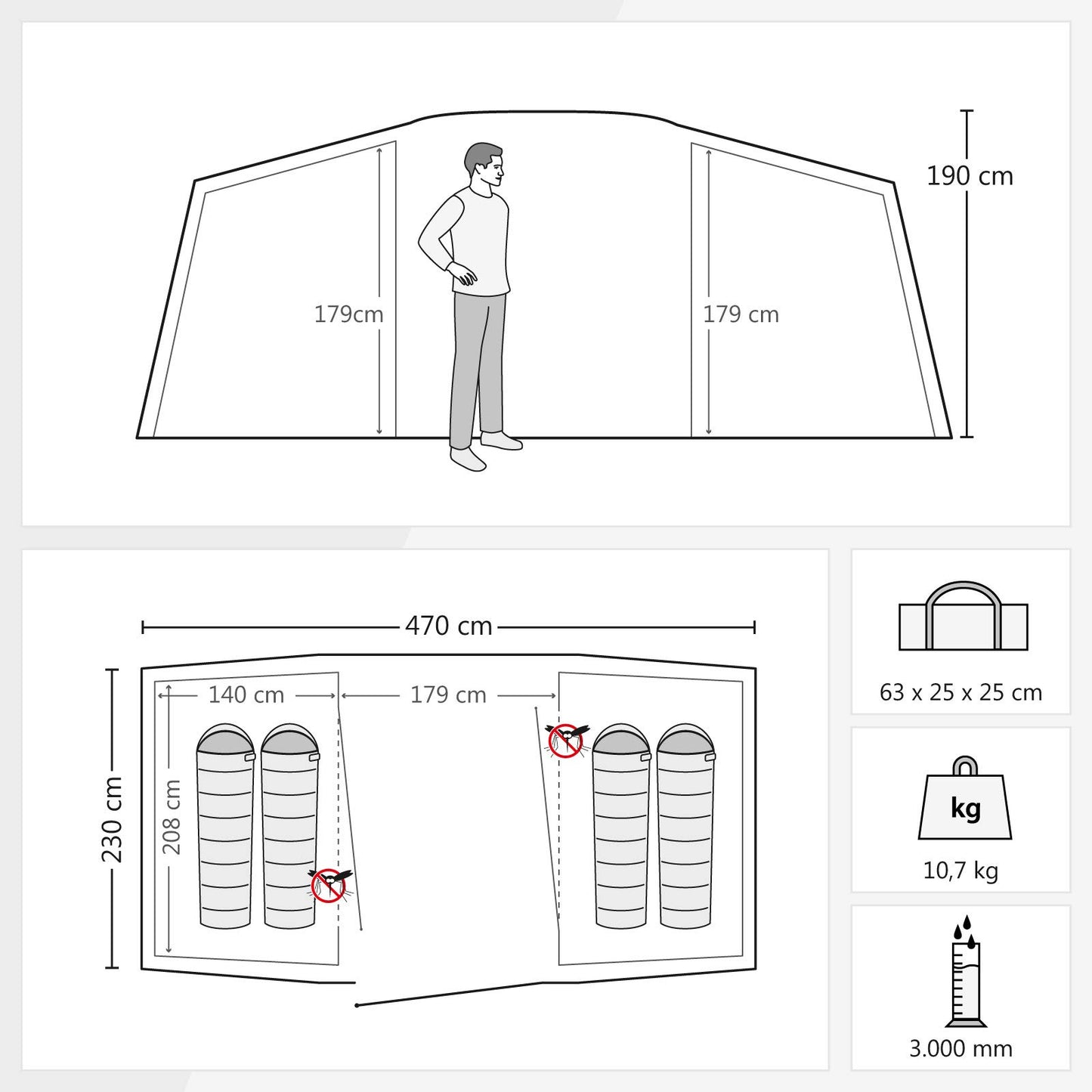 Justcamp Lake 4 Camping tent, 4-person family tent, large, stable, waterproof for festivals, portable, high dome tent with two sleeping cabins and vestibule with standing height, tent for families, tunnel tent.