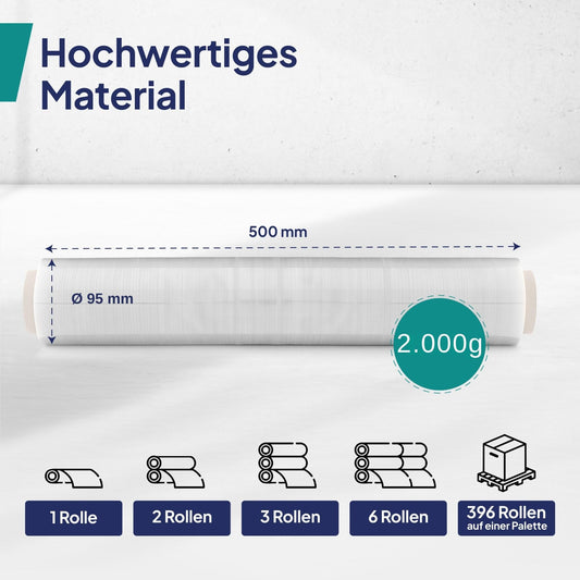 Inoverse 6 Rolls Stretch Film Transparent Wrap Film 50cm/300m - 2kg, Film for Furniture & Moving, Pallet Wrap, Hand Stretch Film, Packaging Film on Roll, Stretch Film Roll