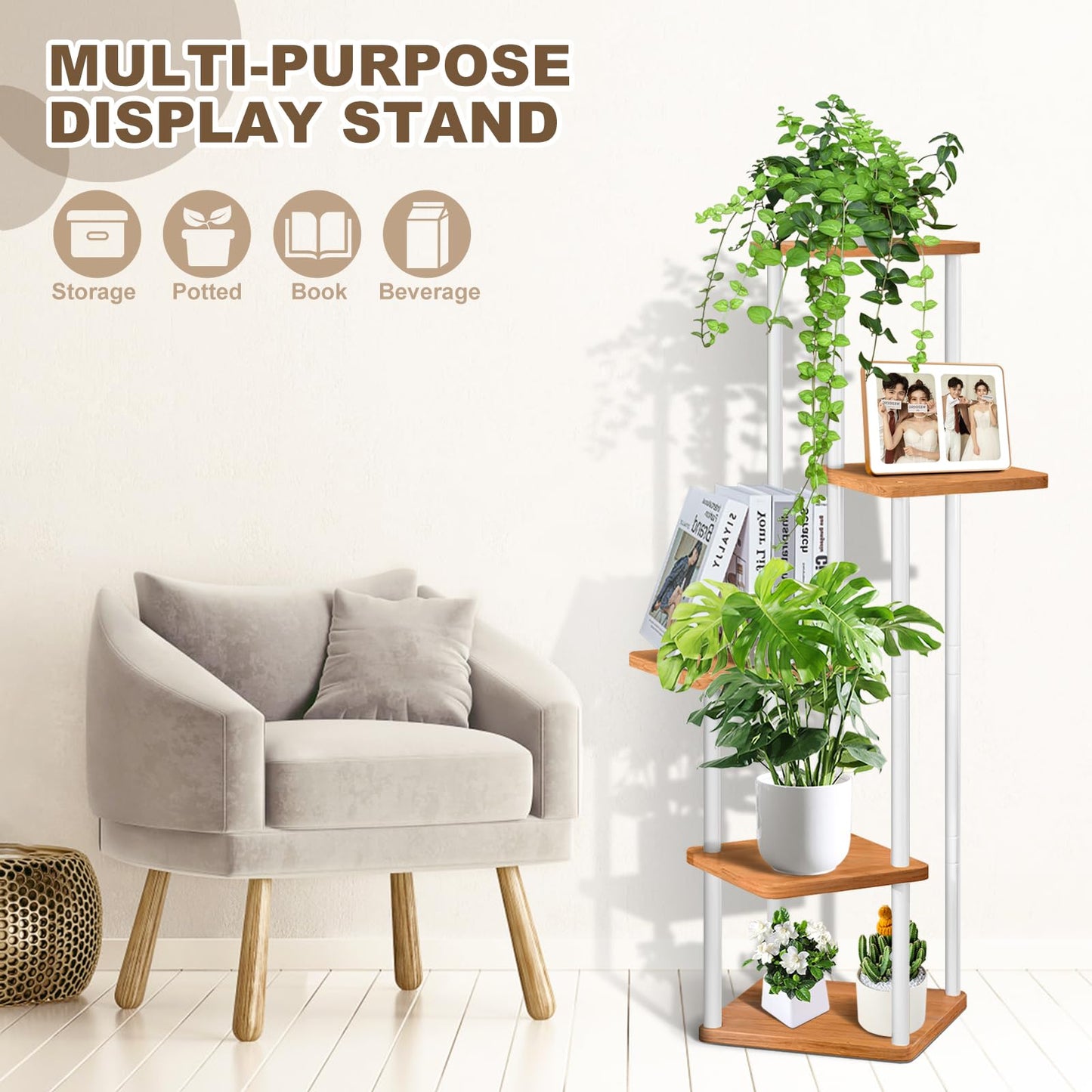 VASZOLA 5-Tier Wooden Flower Rack Plant Stand, Multi-layer Flower Display Stand Plant Shelf Flower Bench Flower Stairs Plant Stairs Shelf for Indoor Garden Balcony Decor (White)