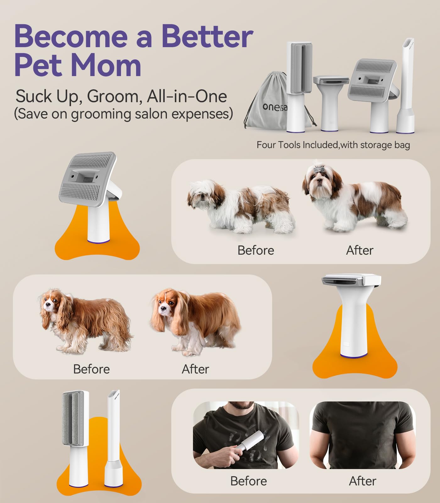 oneisall dog vacuum cleaner with brush, super suction power of 12000Pa, pet hair vacuum cleaner by brush with one button, pet hair remover with 4 grooming tools, 1.5L