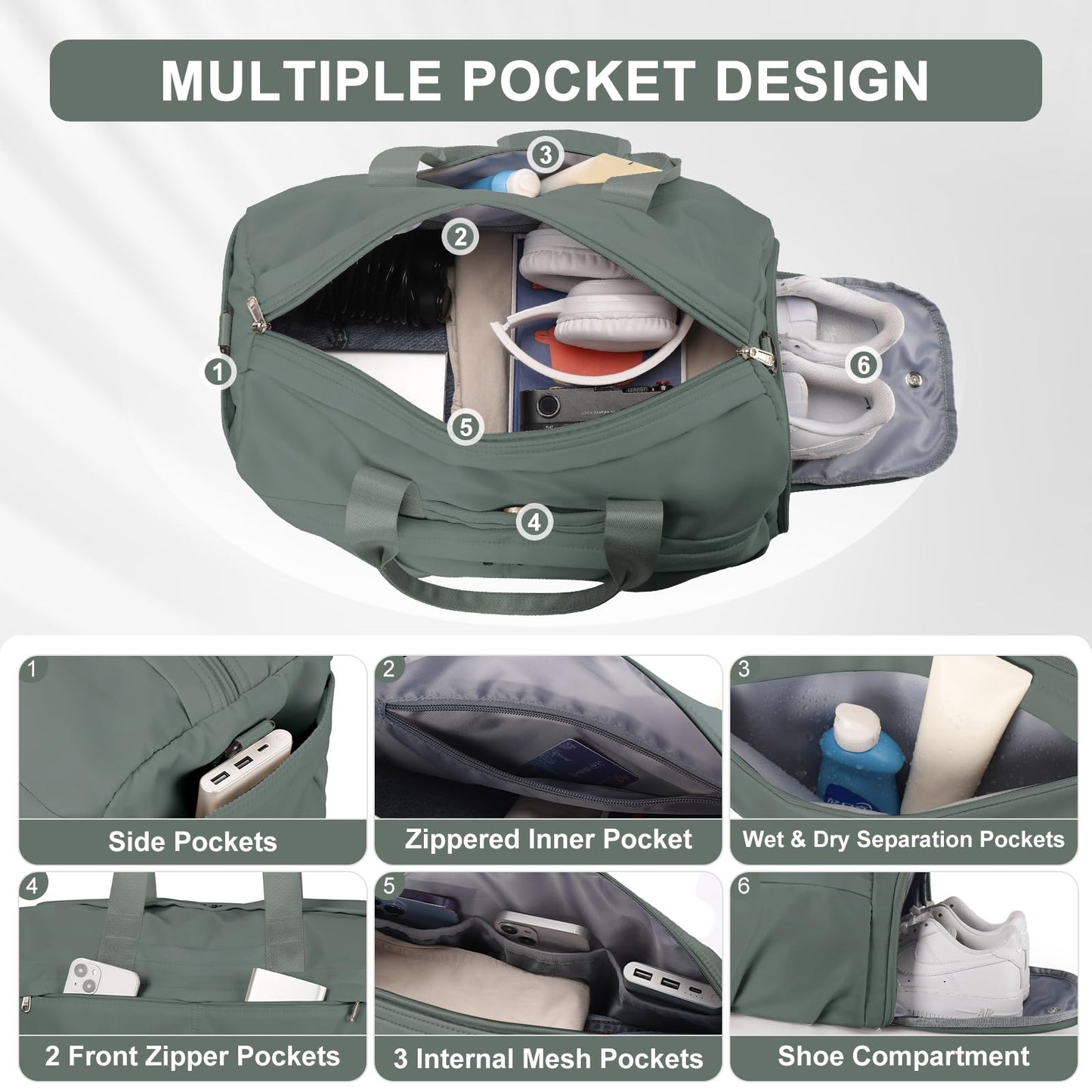HYC00 Sport Duffel Bag Women's Sports Bag with Shoe Compartment Women's Weekender Travel Bag Carry-on Bag for Airplane Gym Bag Swim Bag Training Bag Overnight Bag, Army Green