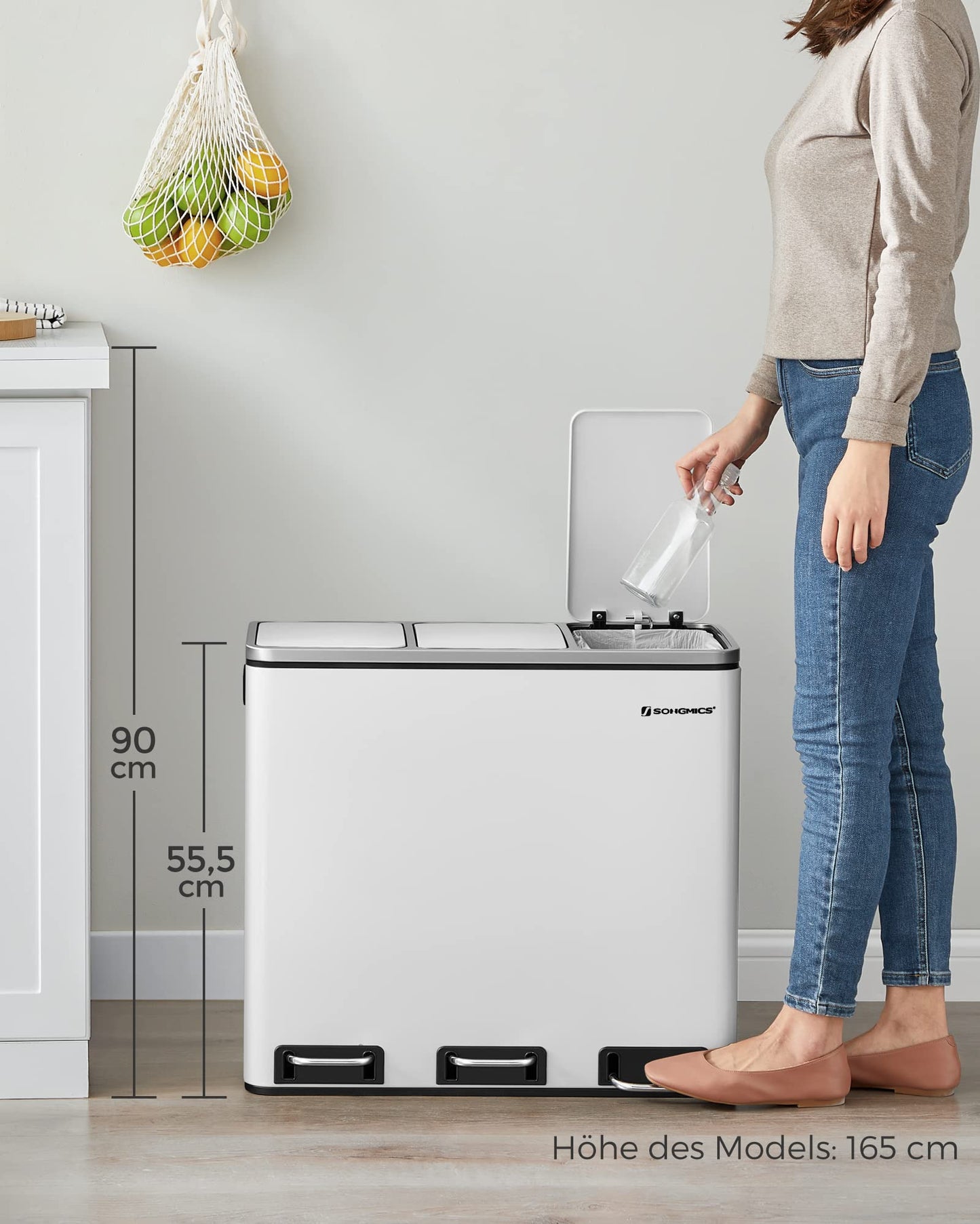 SONGMICS Kitchen Trash Can, 3 x 18 L, Waste Separation System with 3 Compartments, includes 15 trash bags, Trash Bin, Step Bin, for recyclable waste, organic waste, with lid, cloud white LTB54WT