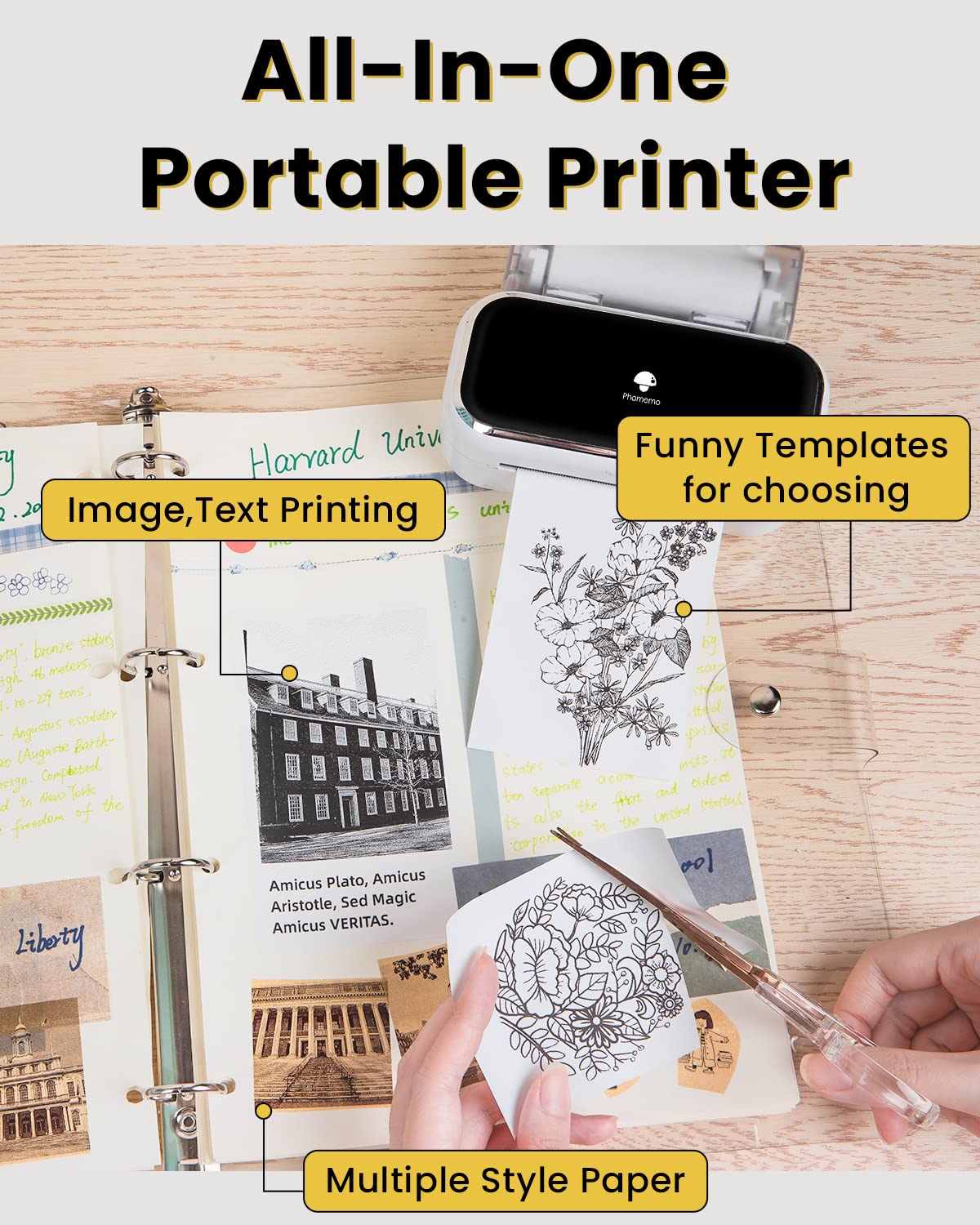Phomemo M03 Sticker Printer, Mini Printer for Smartphone Portable Thermal Printer, 53 and 80mm Instant Print, Compatible with Mobile Phones and Tablets, for Study, Photos, Scrapbooking, Stickers - White