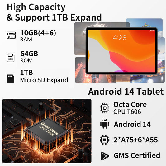 TUOHAITIME Tablet 10 inch, Android 14 Tablets, Octa-Core, 10GB RAM 64GB ROM 1TB Expansion, FHD Touchscreen, Tablet PC with Widevine L1, WiFi, GPS, BT5.0, Support 18W fast charging, Dual Camera (Blue)