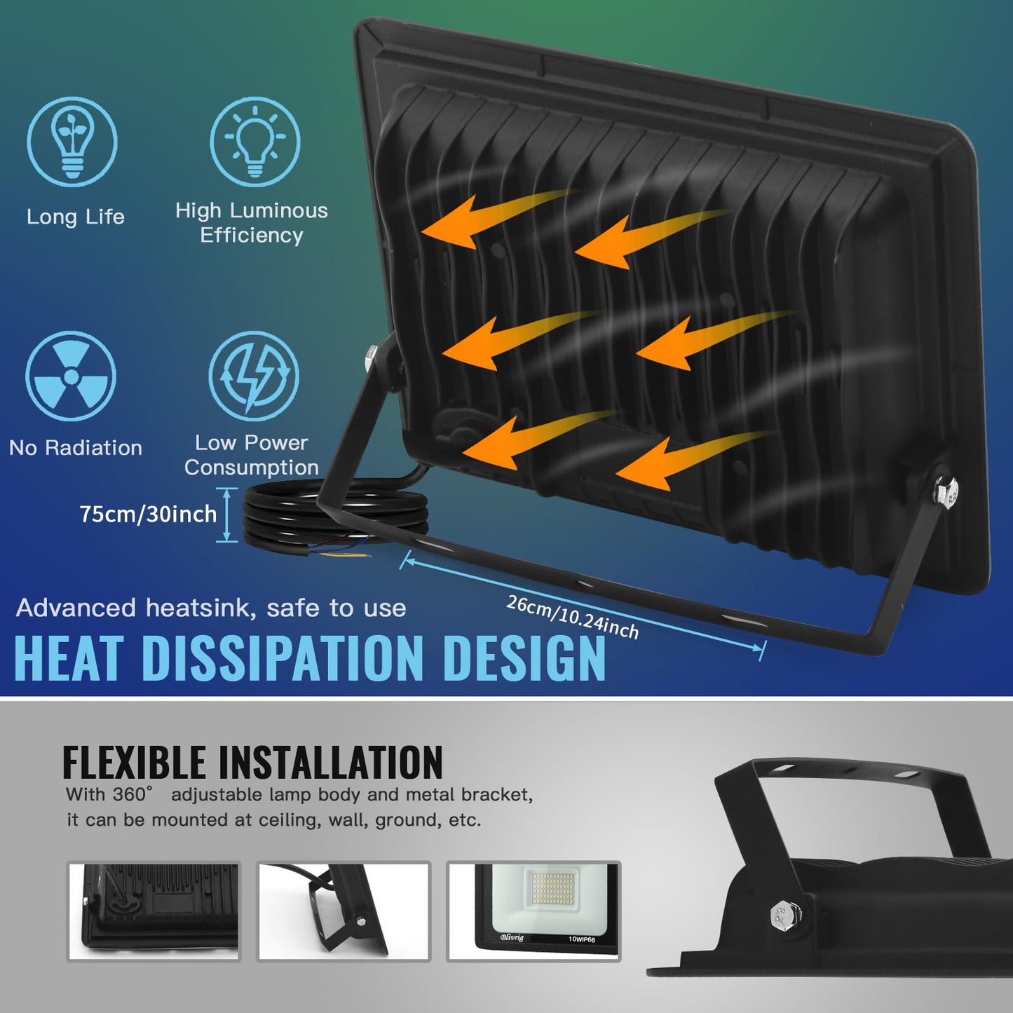 100W LED Floodlight Outdoor Cold White 6500K, 10000LM Super Bright Exterior Spotlight, IP66 Waterproof Floodlight, Outdoor Lamp for Gardens, Courtyards, Garage, Hotel