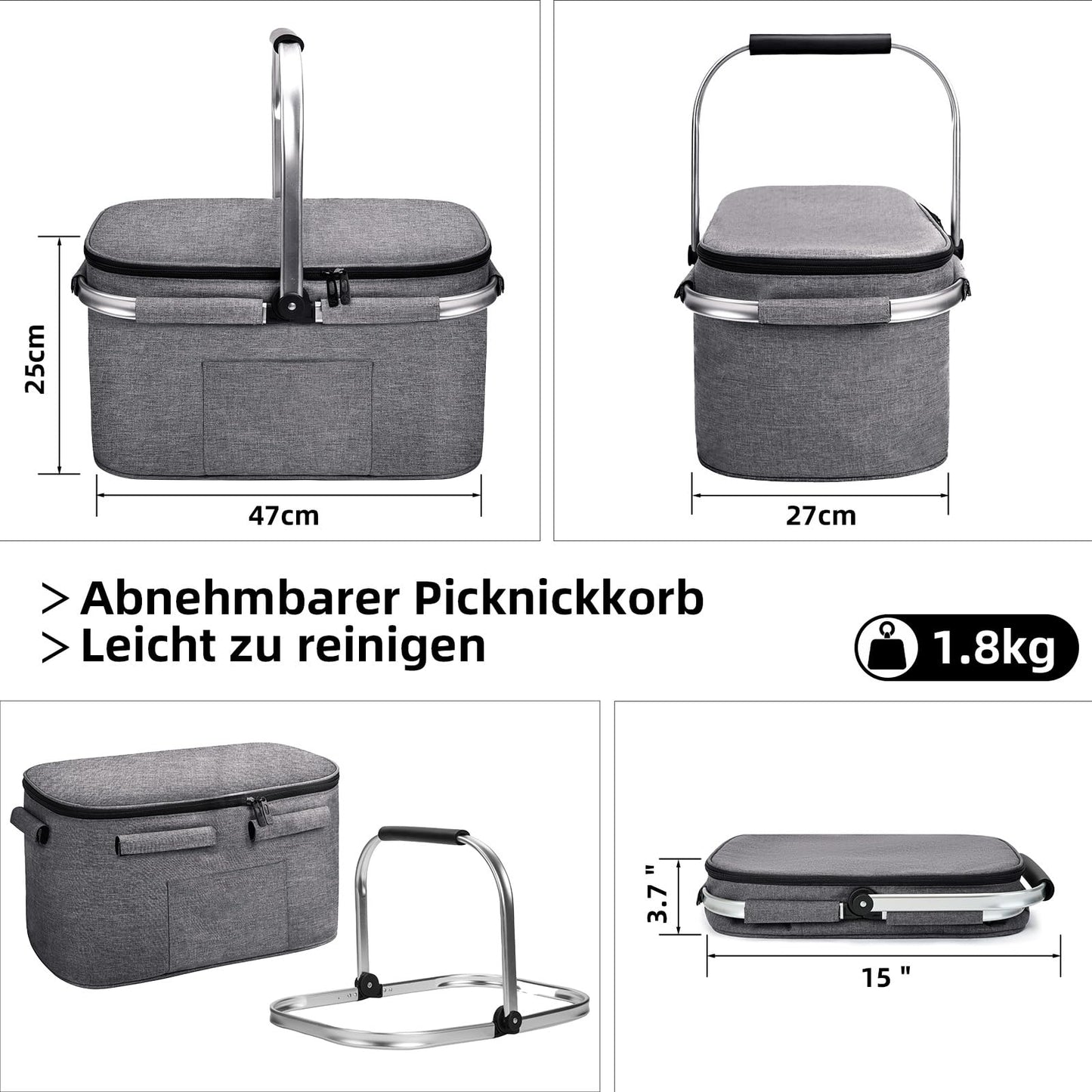 ALLCAMP Large Foldable Insulated Cooler Bag - Shopping Basket With Lid, Detachable Picnic Basket for 2, Aluminum Frame Cool Basket, Thickened Thermal Basket - With 2 Ice Packs