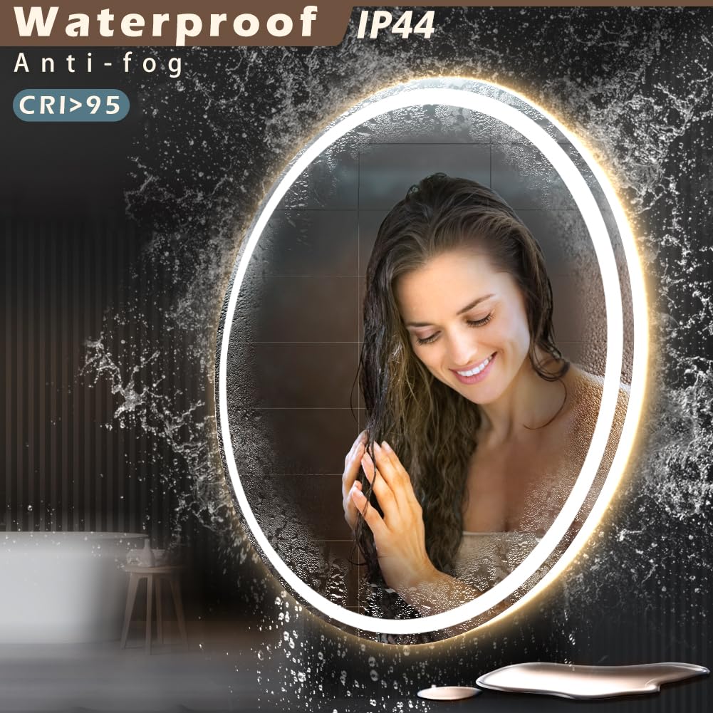 KWW 70cm LED Round Bathroom Vanity Mirror, Adjustable Color Temperature, Anti-fog Dimmable Lights, Wall Mounted Makeup Mirror with Smart Touch Button